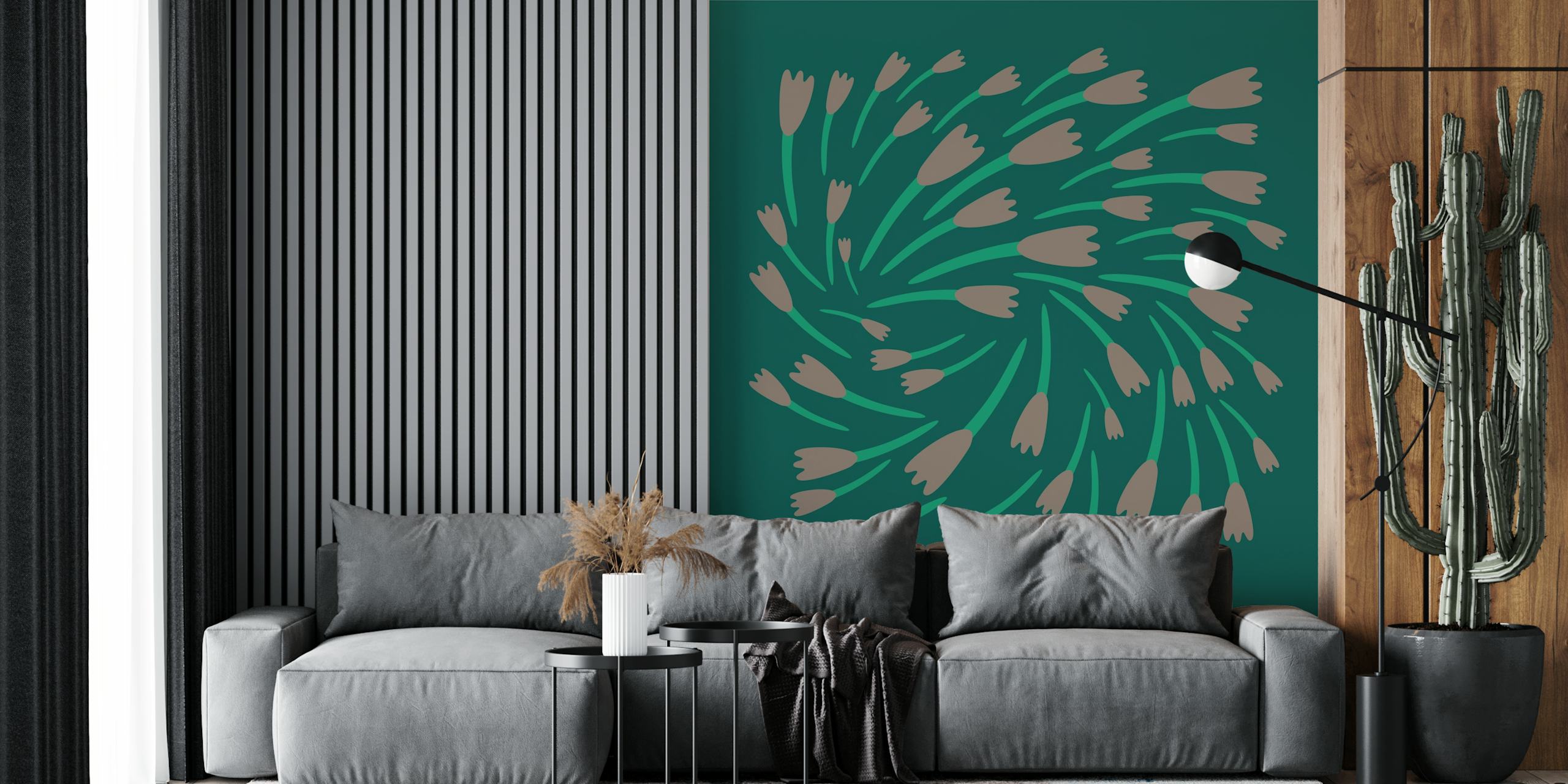 Turning flowers wallpaper in a room setting