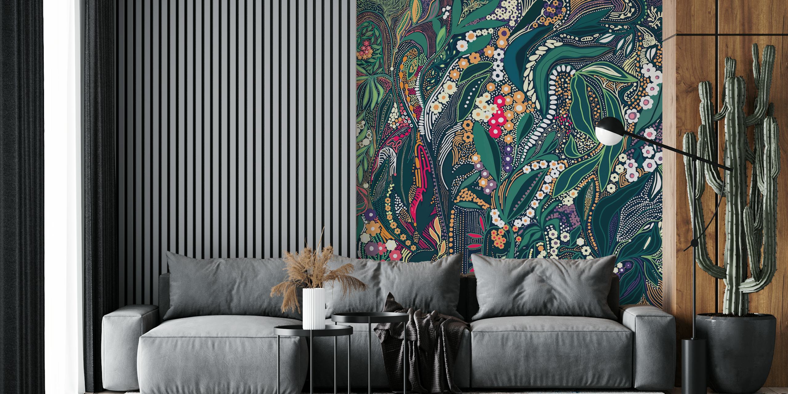 Wall mural featuring an intricate design of foliage, flowers, and patterns in lush colors.