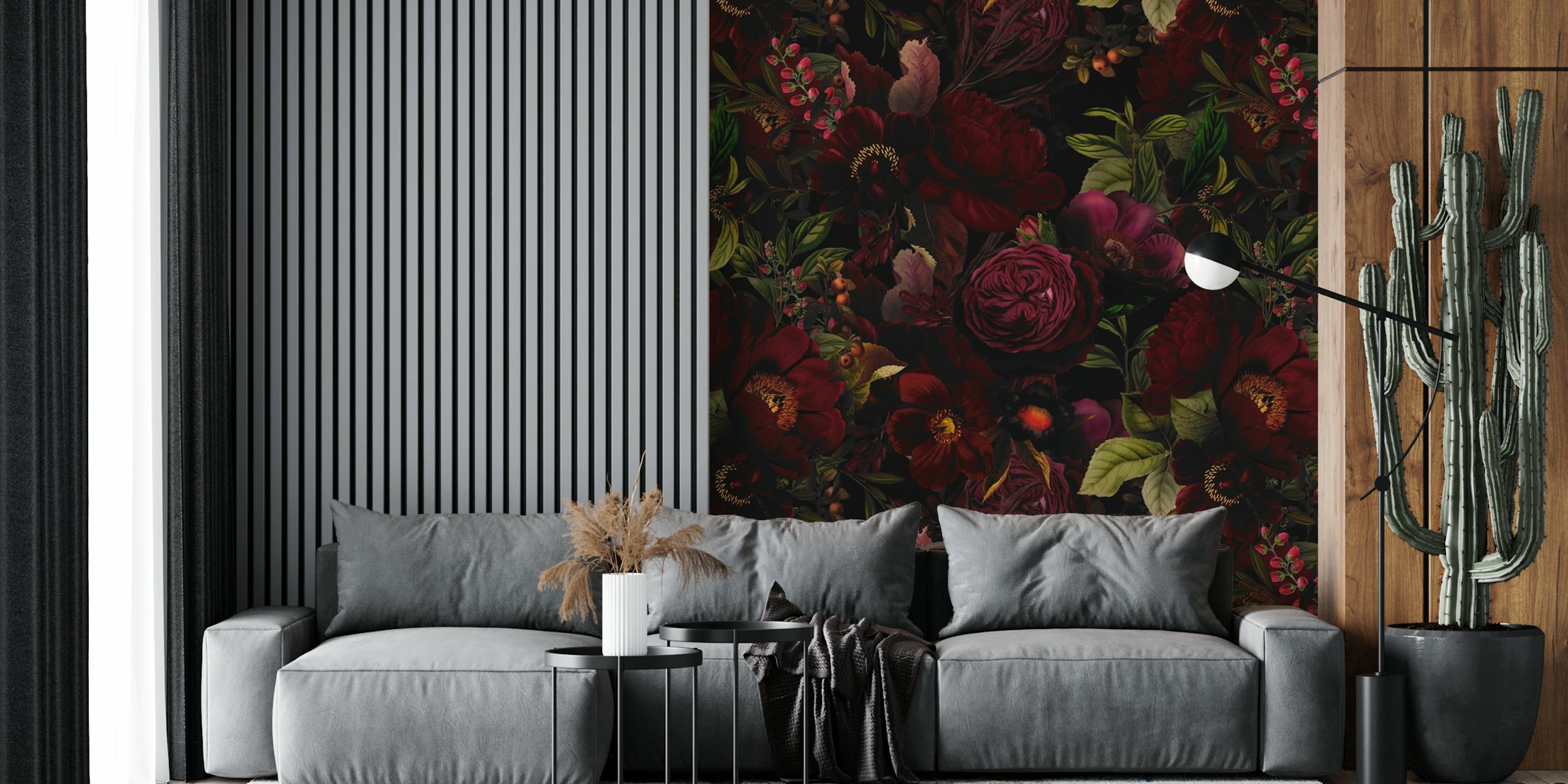 Floral wallpaper design in a dark room