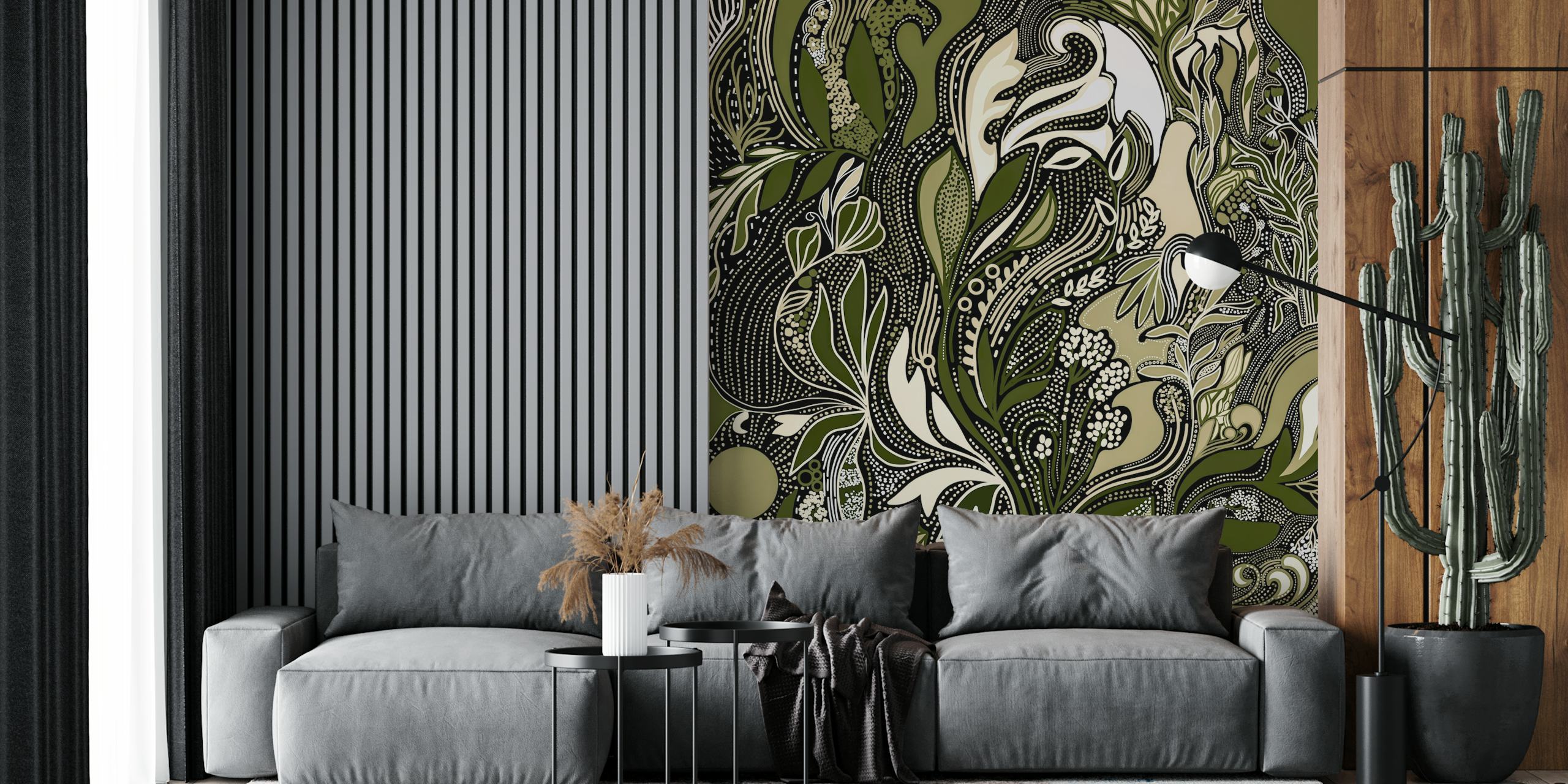 Botanical pattern in green and beige tones wallpaper