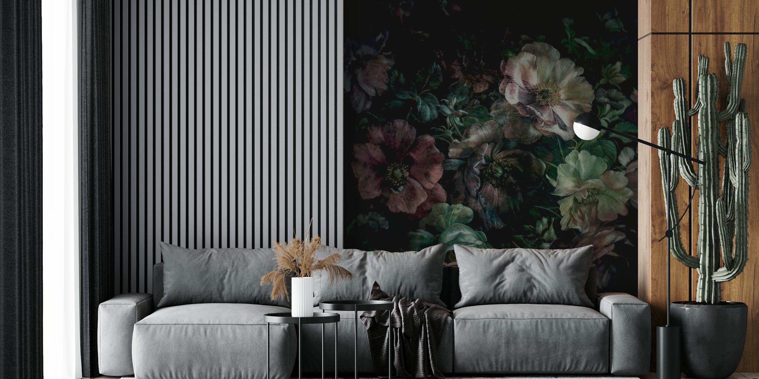 Dark floral wallpaper with muted flowers and leaves
