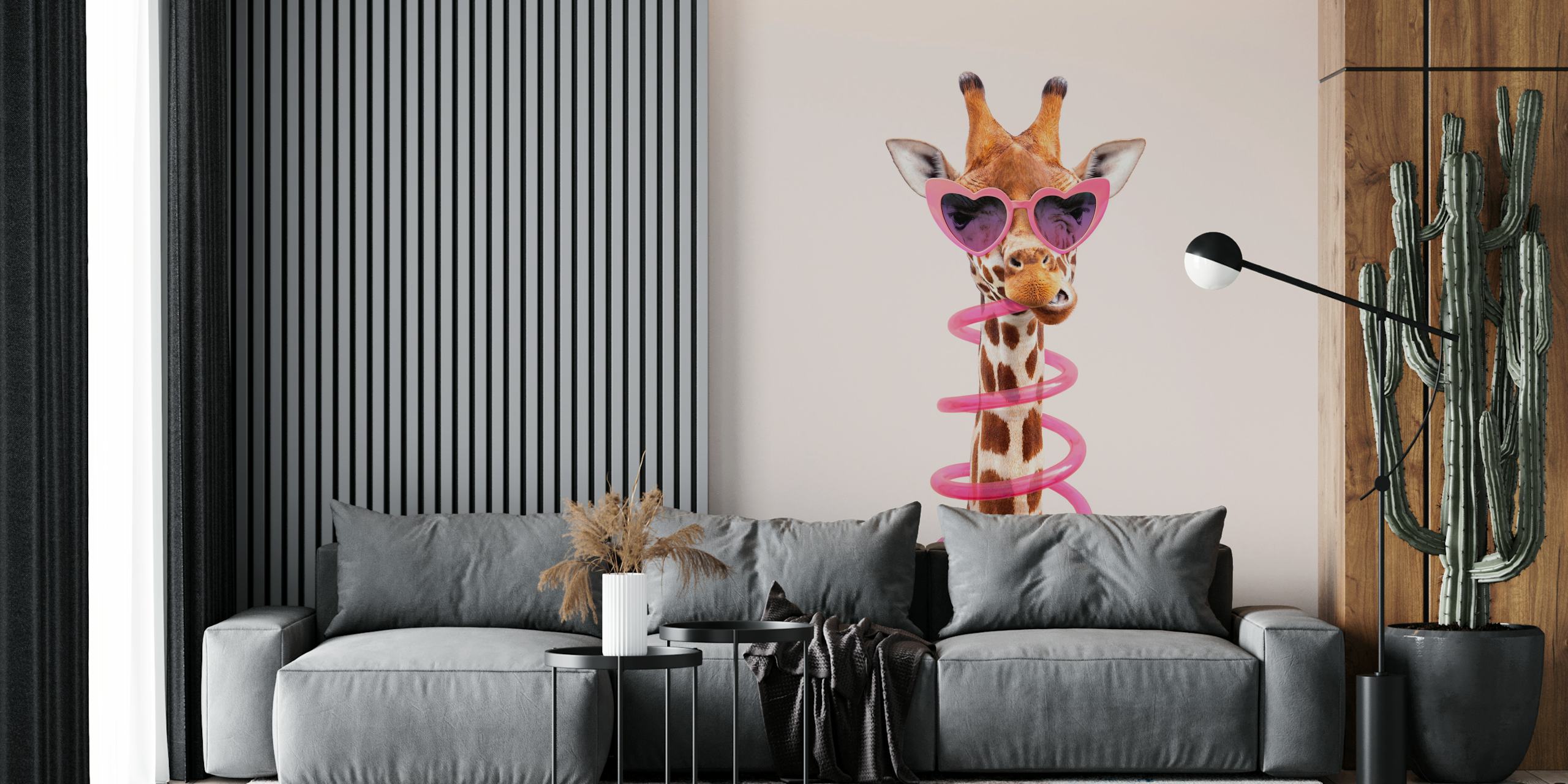 Giraffe wearing heart-shaped sunglasses with pink spiral decoration wallpaper
