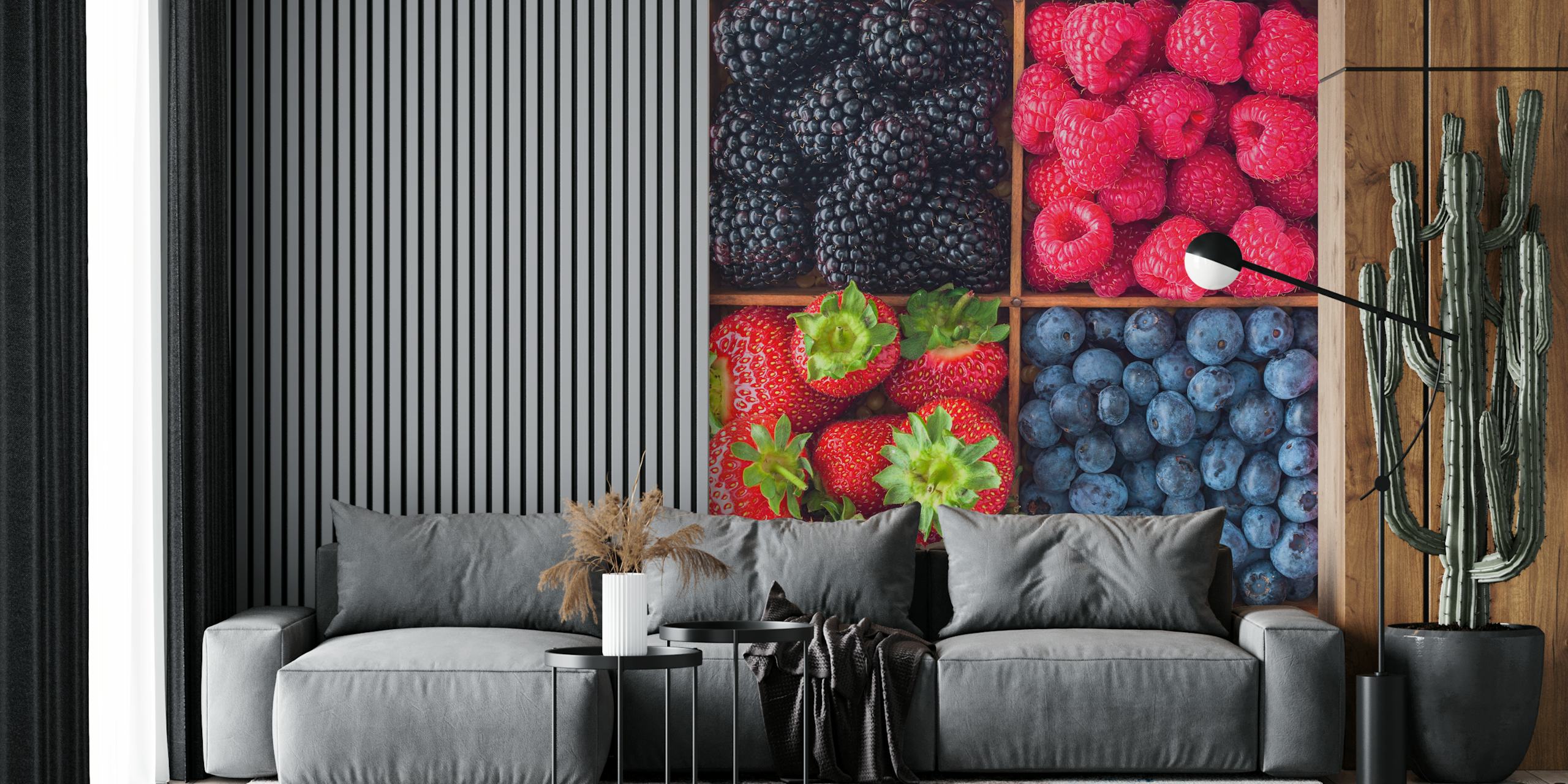 assorted berries in wooden boxes, red, black, blue, green wallpaper