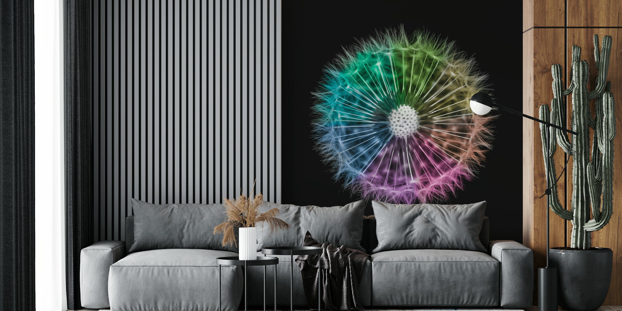 Colorful dandelion pattern with rainbow hues on black wallpaper