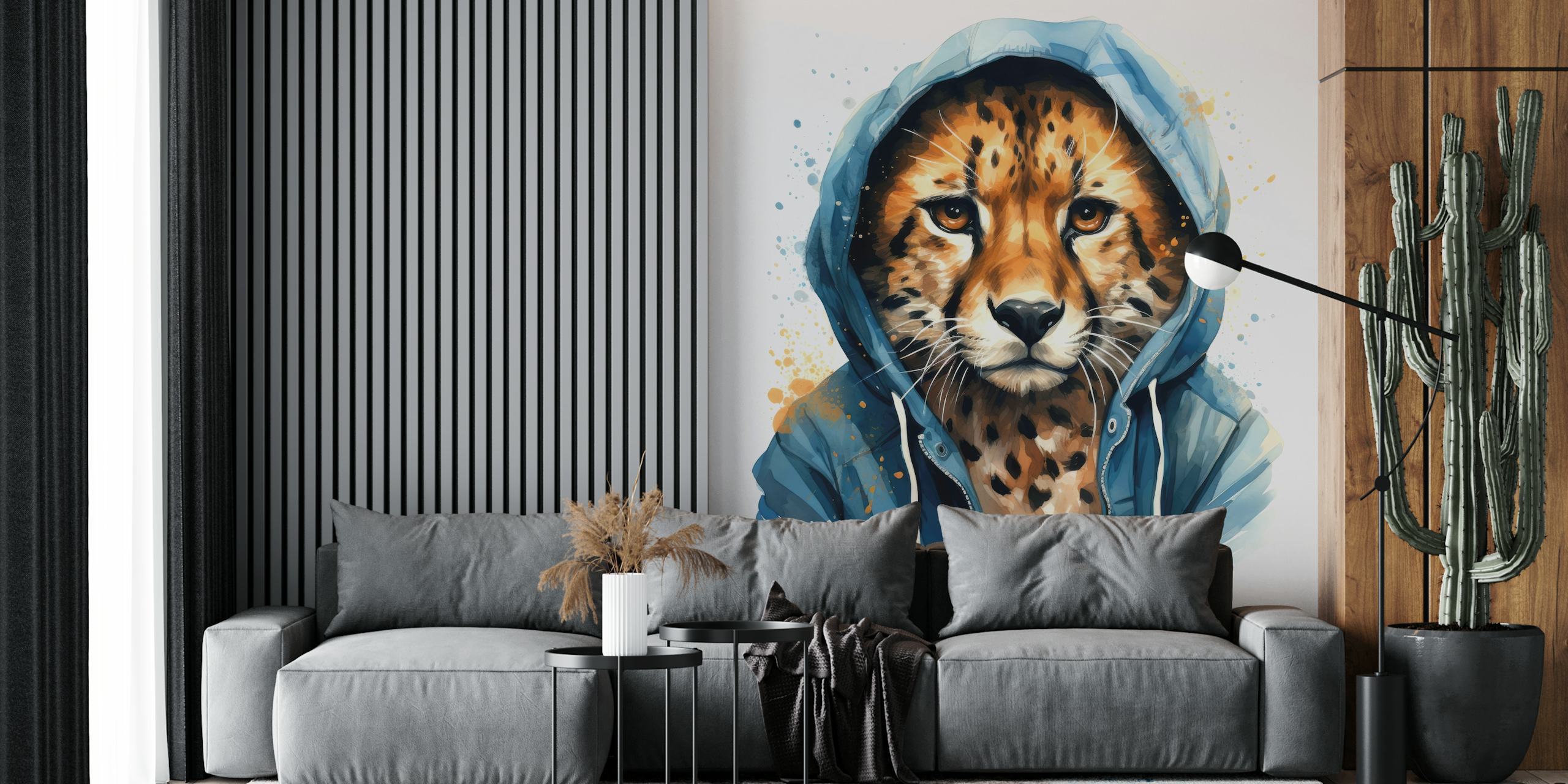 Cartoon cheetah in a blue hoodie with splashes of color wallpaper