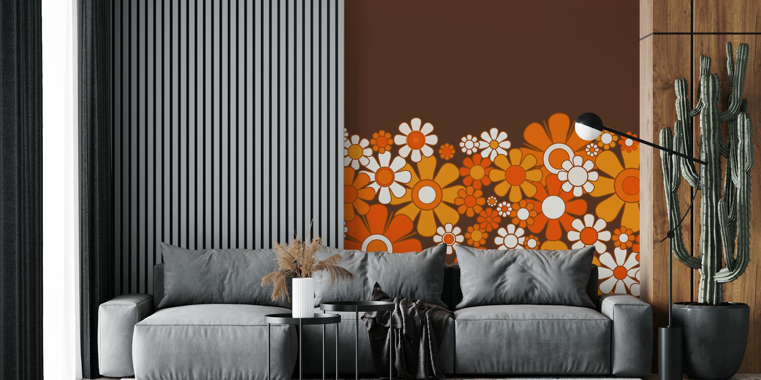 Retro garden flowers wallpaper in a room