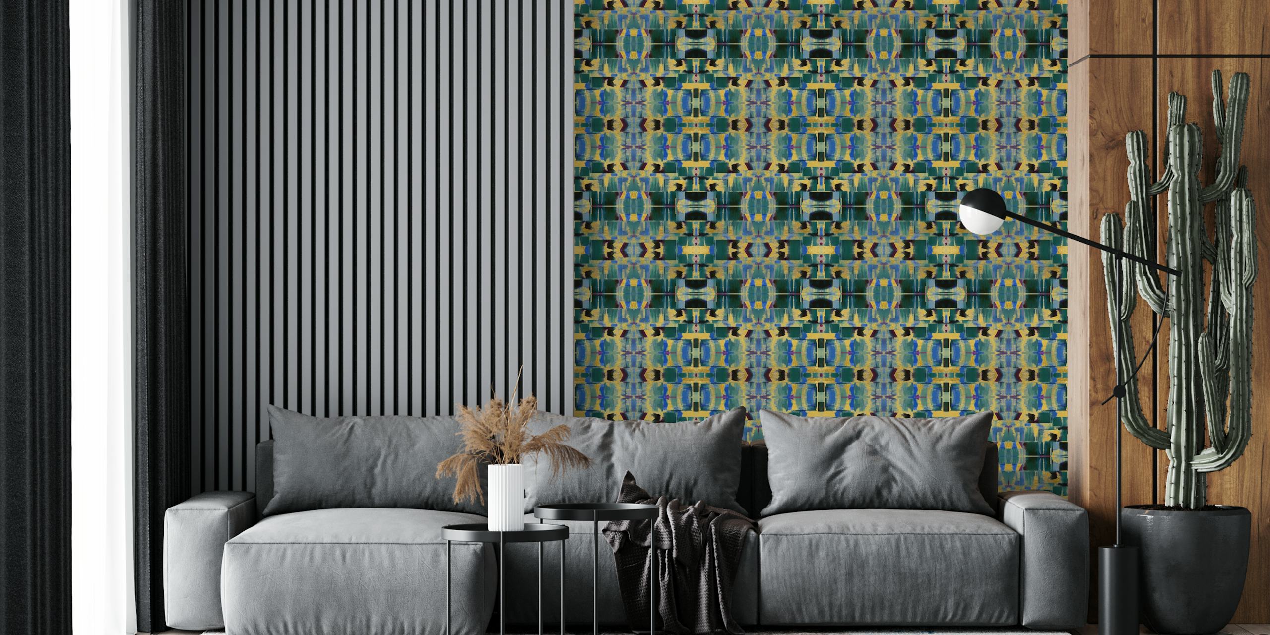 Art Deco geometric pattern in gold and blue wallpaper