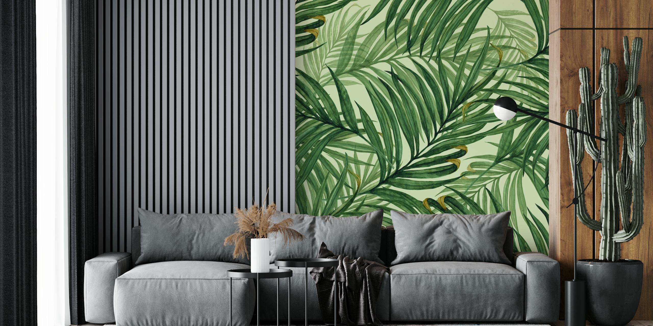 Tropical palm leaves in green hues wallpaper