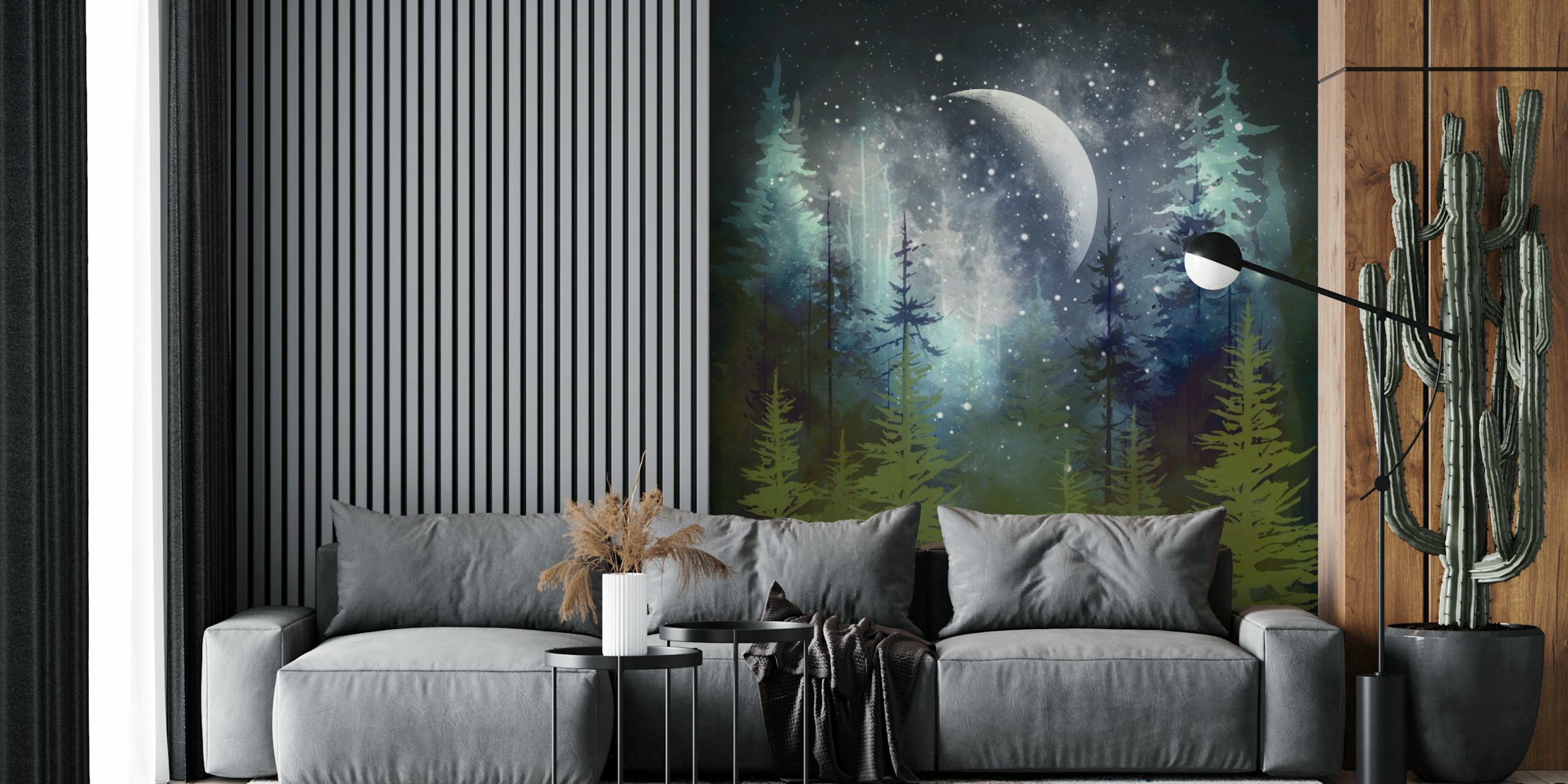 Moonlit woodland scene with trees and stars wallpaper