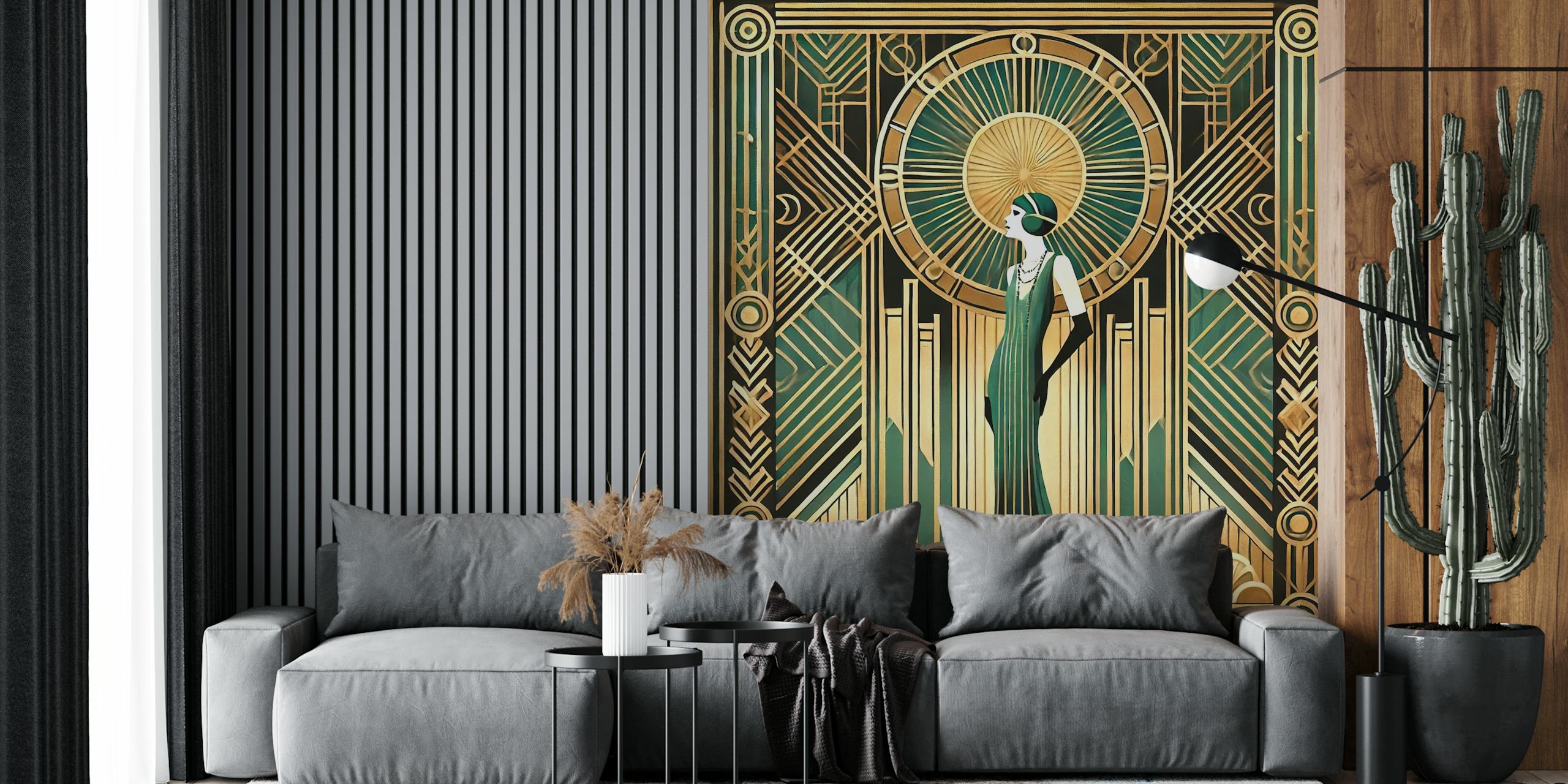 Art Deco wallpaper featuring a woman in green, gold geometric patterns