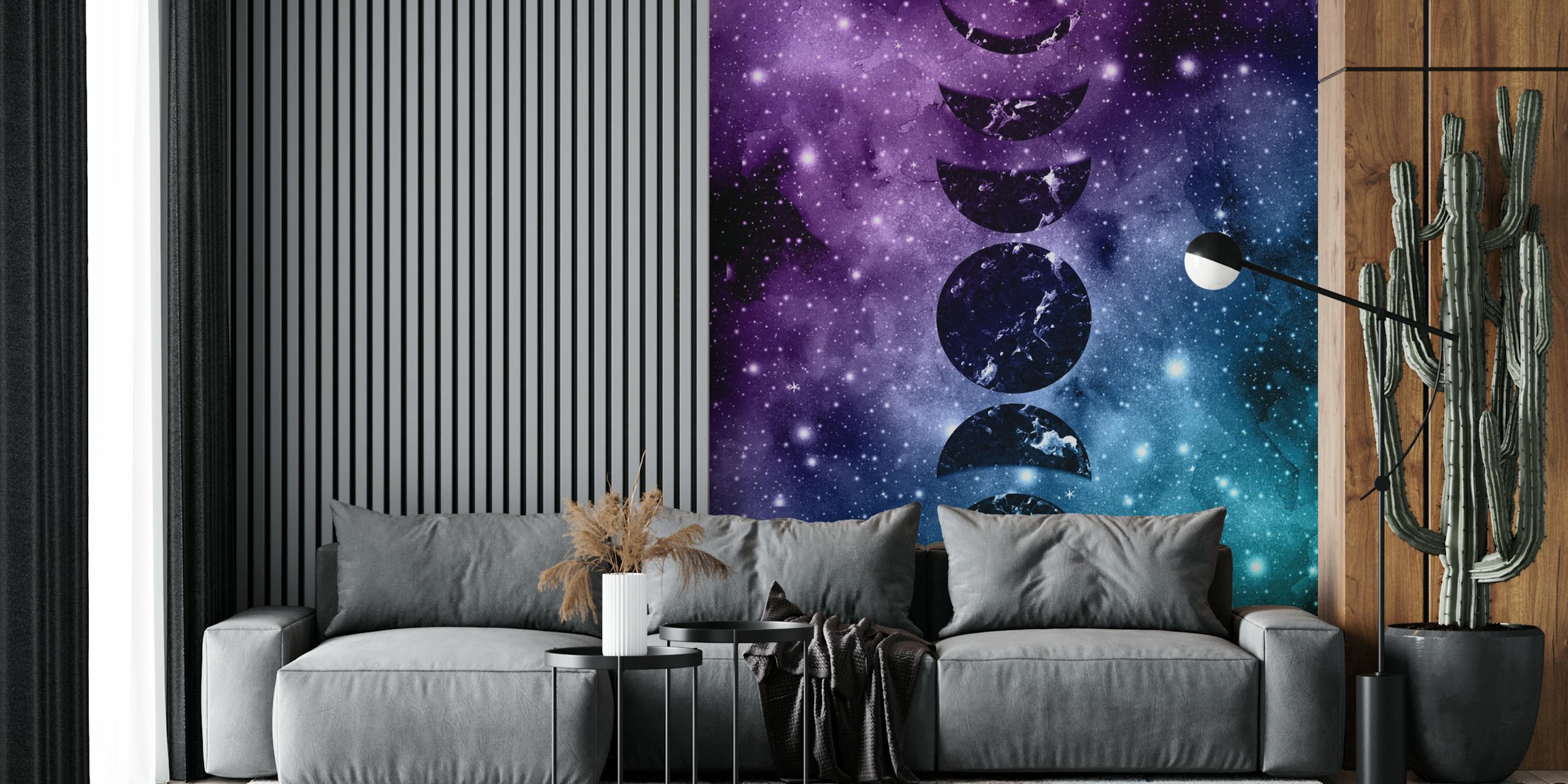 Purple and teal galaxy nebula wall mural with a cosmic design