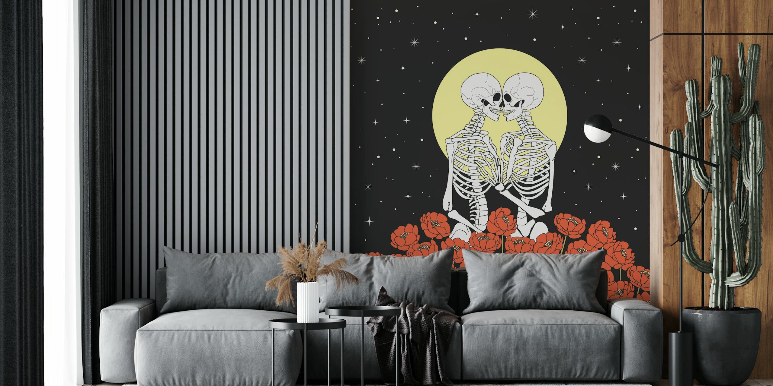 Skeleton lovers wallpaper in a room setting
