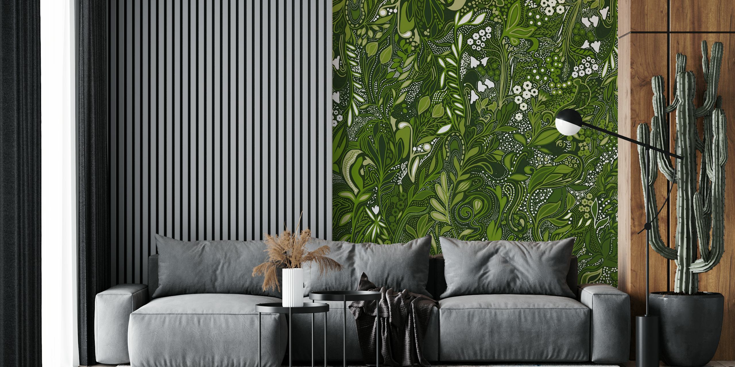 Intricate green floral patterns, leaves and flowers wallpaper