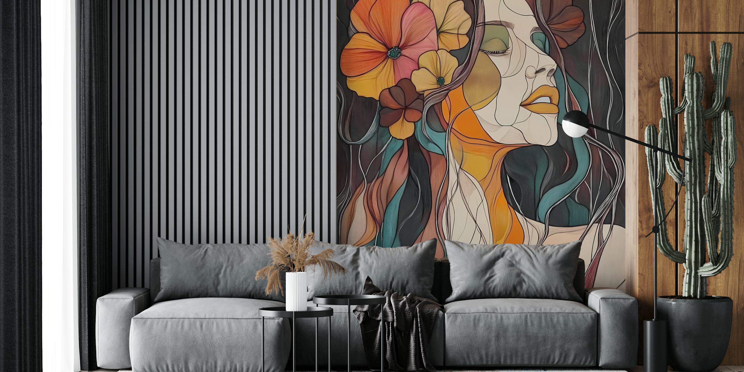 Colorful abstract floral wallpaper featuring a woman with flowers in her hair and flowing lines.