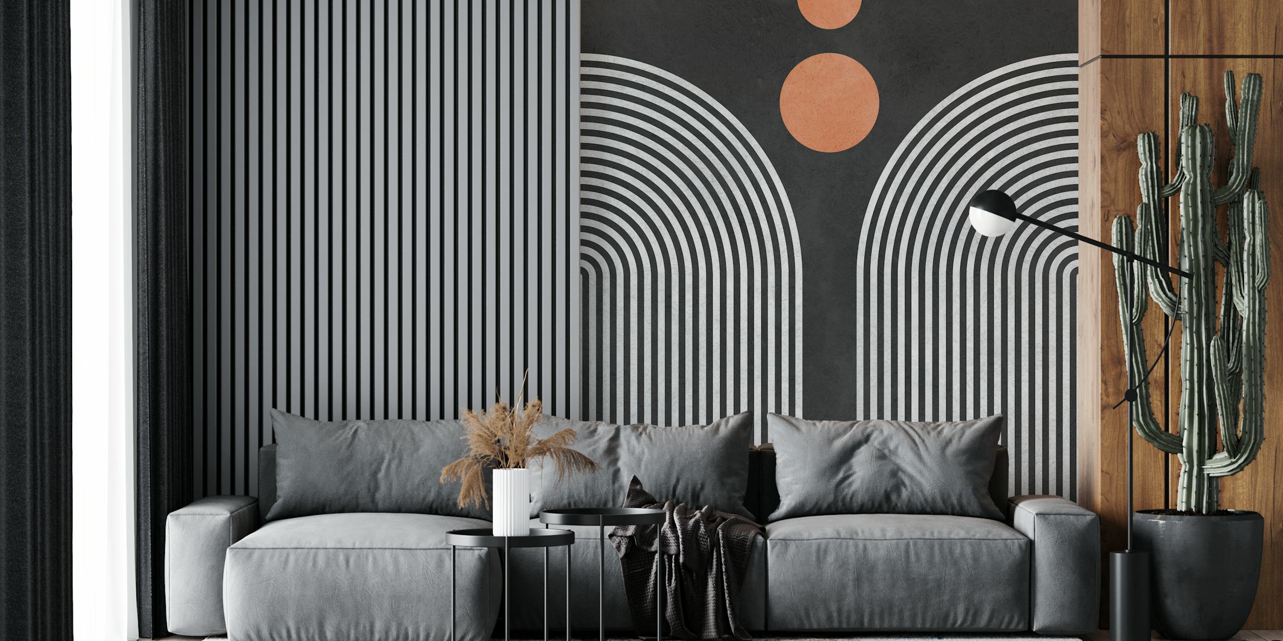 Geometric black and white striped wallpaper with circular accents