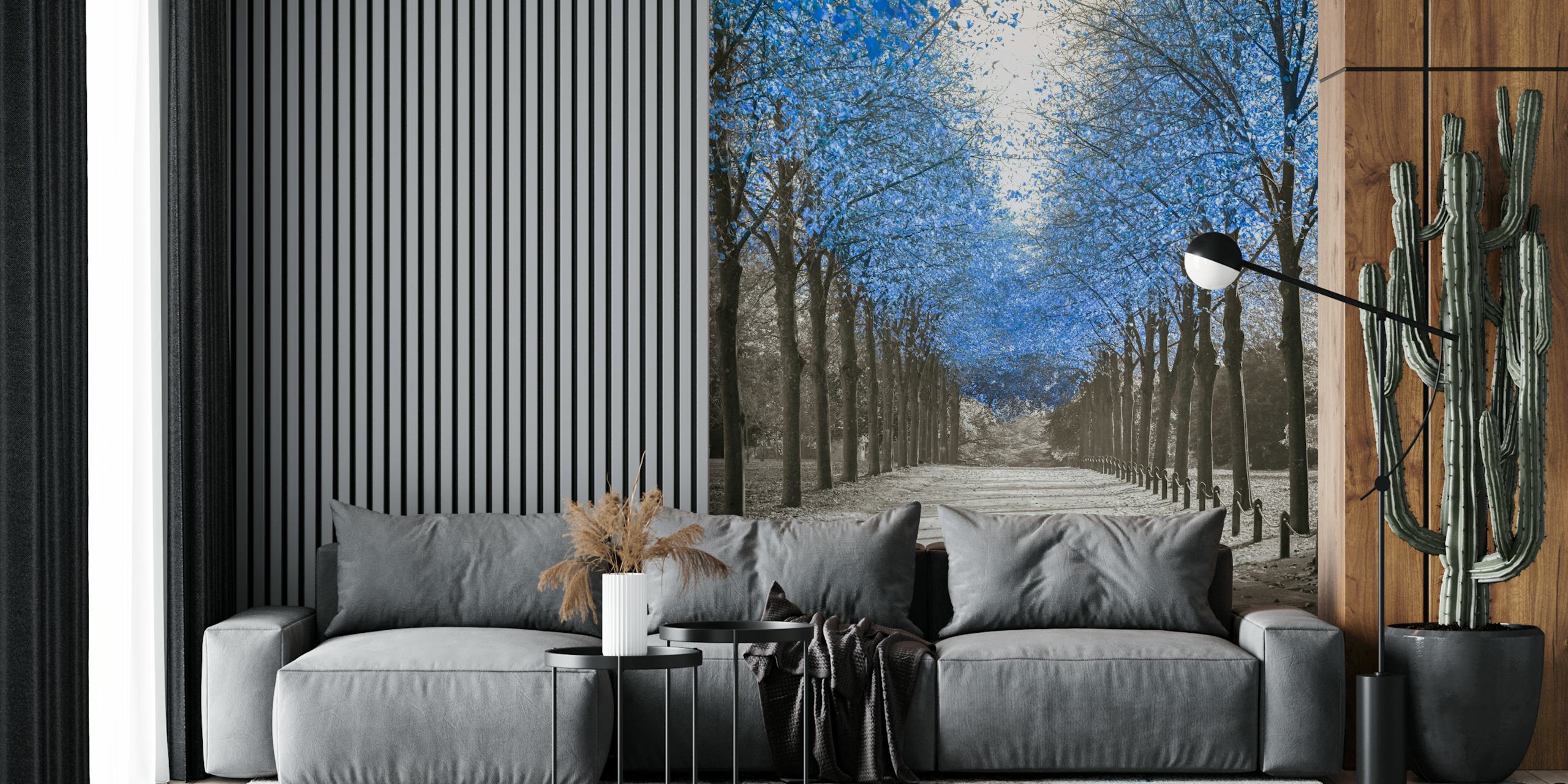 Avenue of blue trees wallpaper in a room