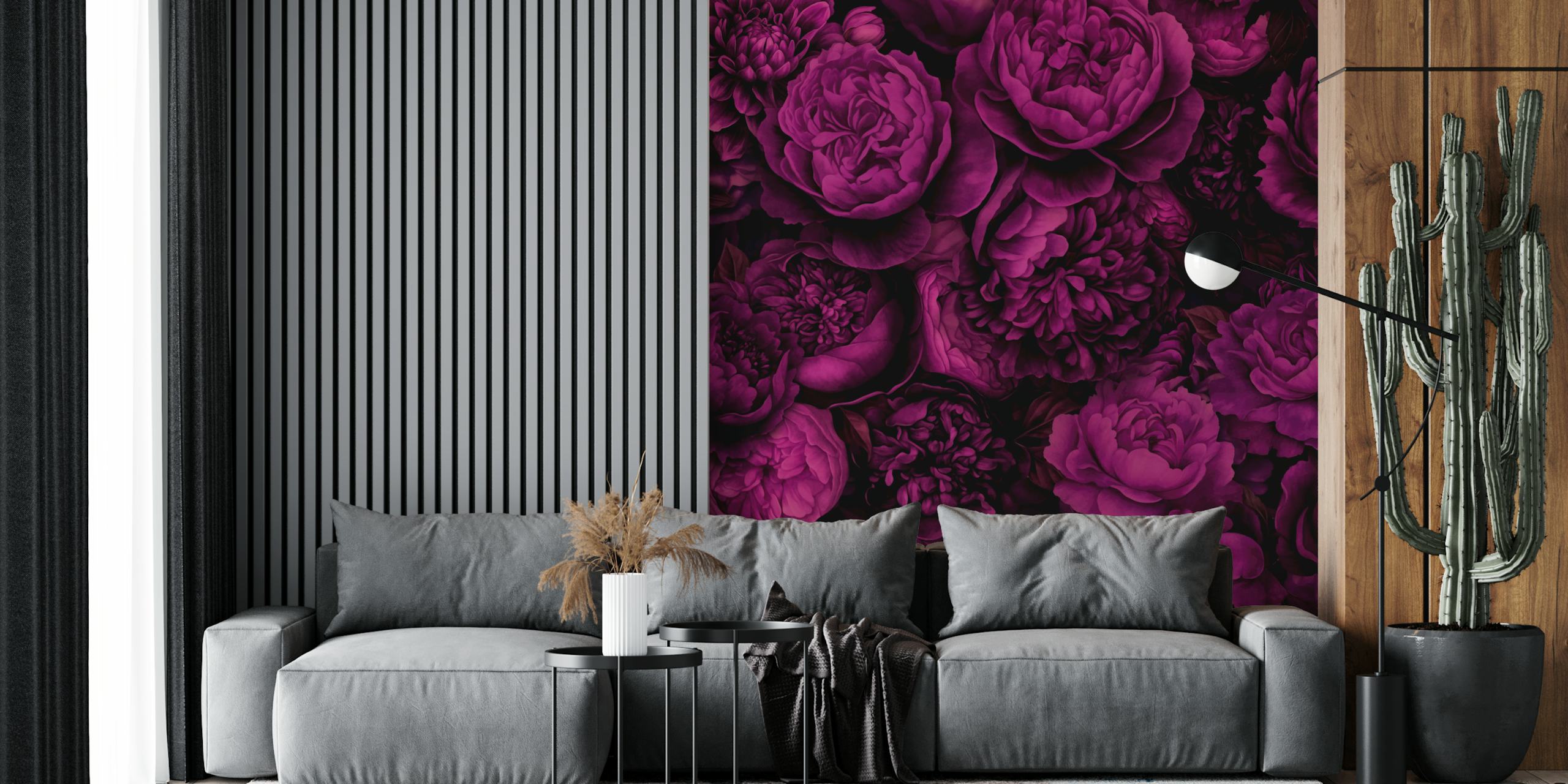 Floral design in fuchsia and purple tones on wallpaper
