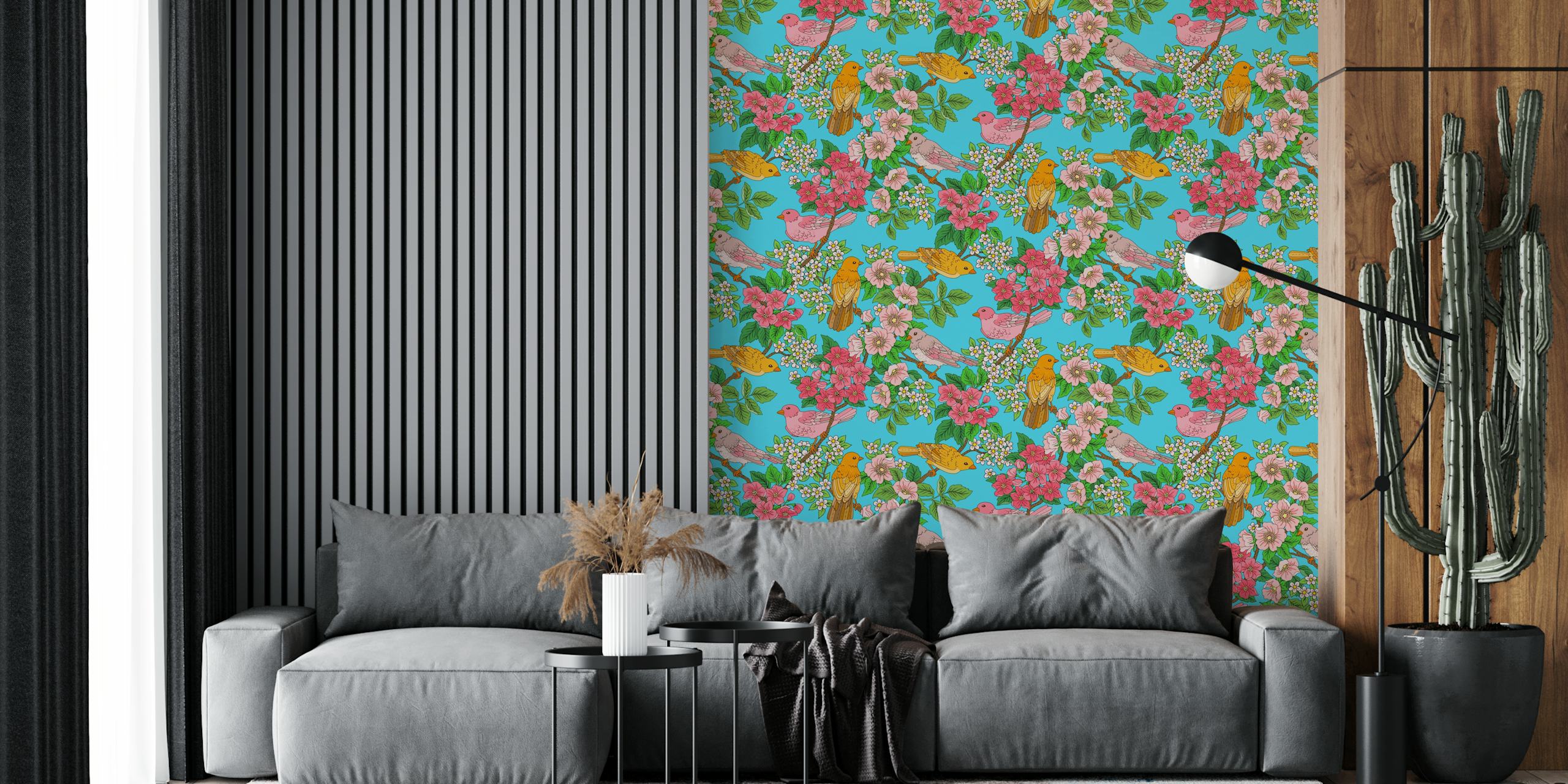 Papel de parede com pássaros e flores em um quarto