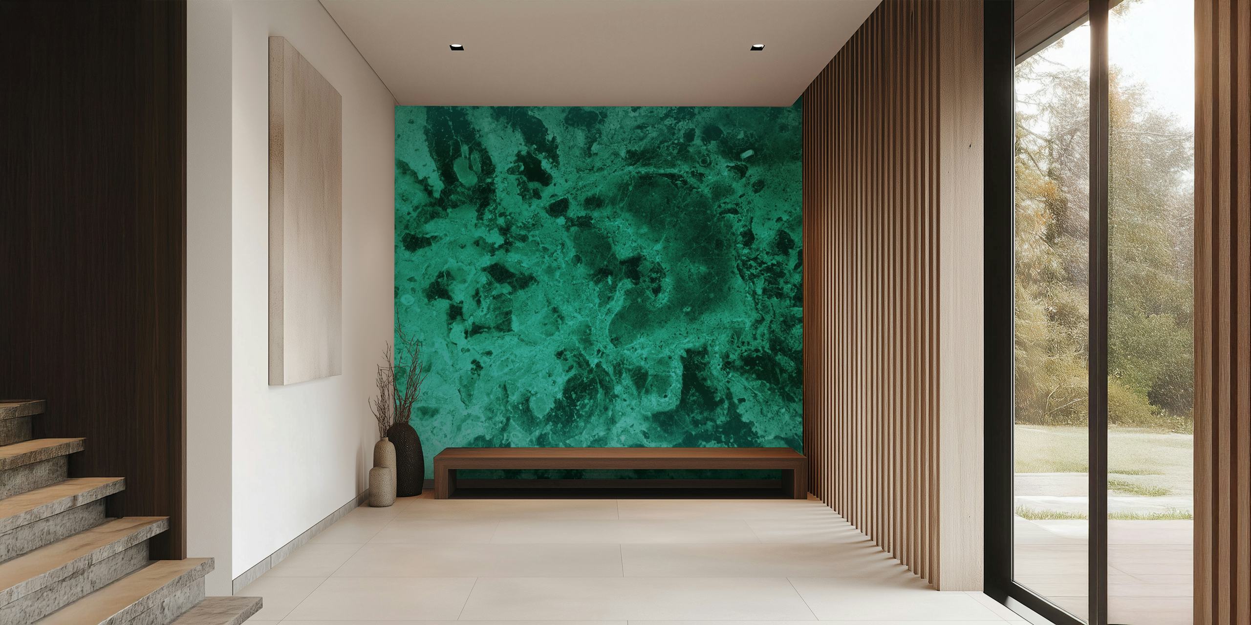 Smaragdgroene malachietpatroon muurschildering genaamd Malachite Dream 1
