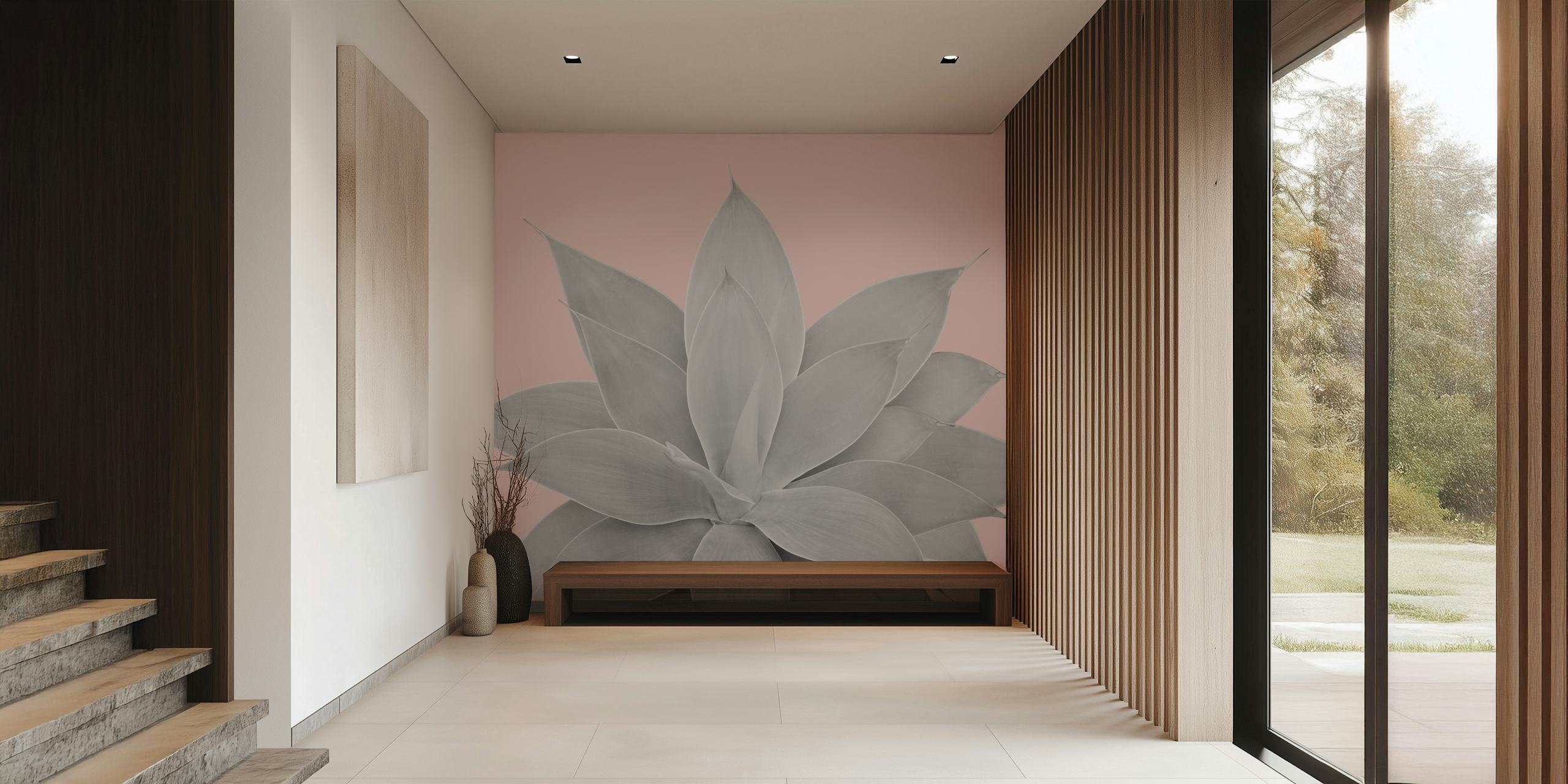 Large agave plant leaves in gray on a blush background wallpaper