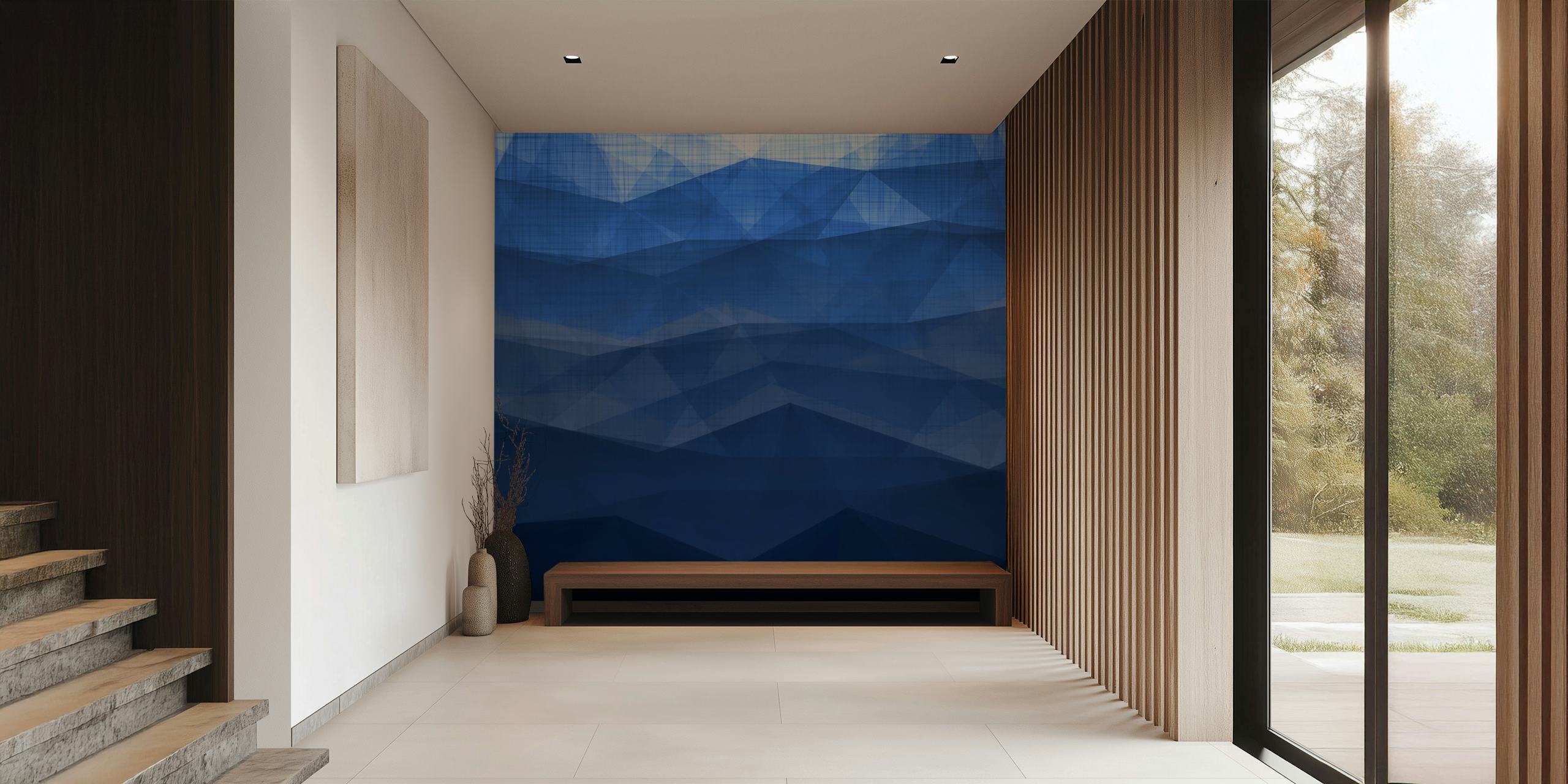 Blue abstract geometric wallpaper featuring layered patterns