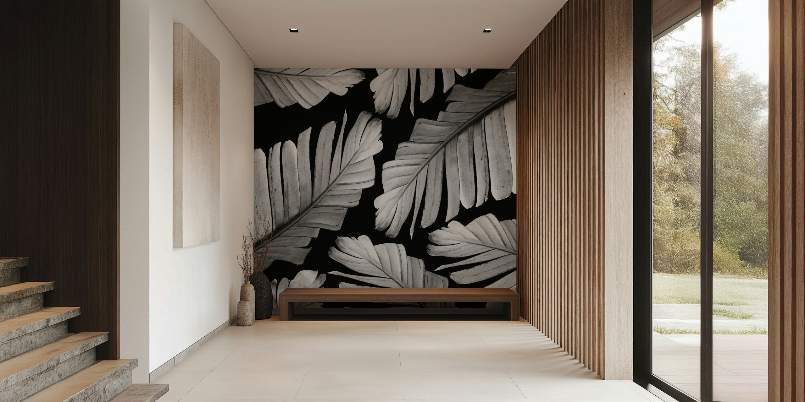 Tropical Gray White Banana wallpaper in a room