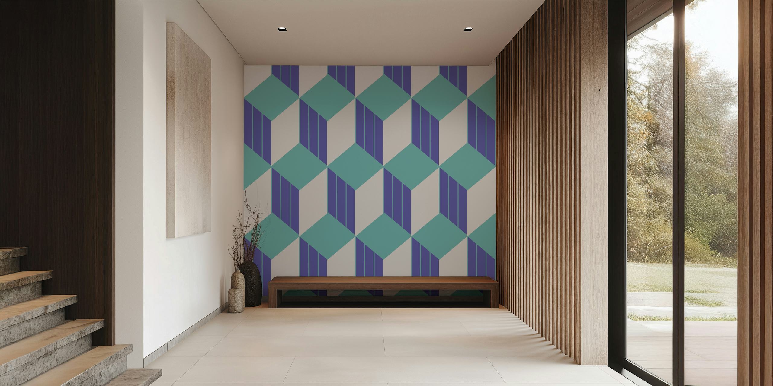 Retro cube 60 purple turquoise wallpaper in a room