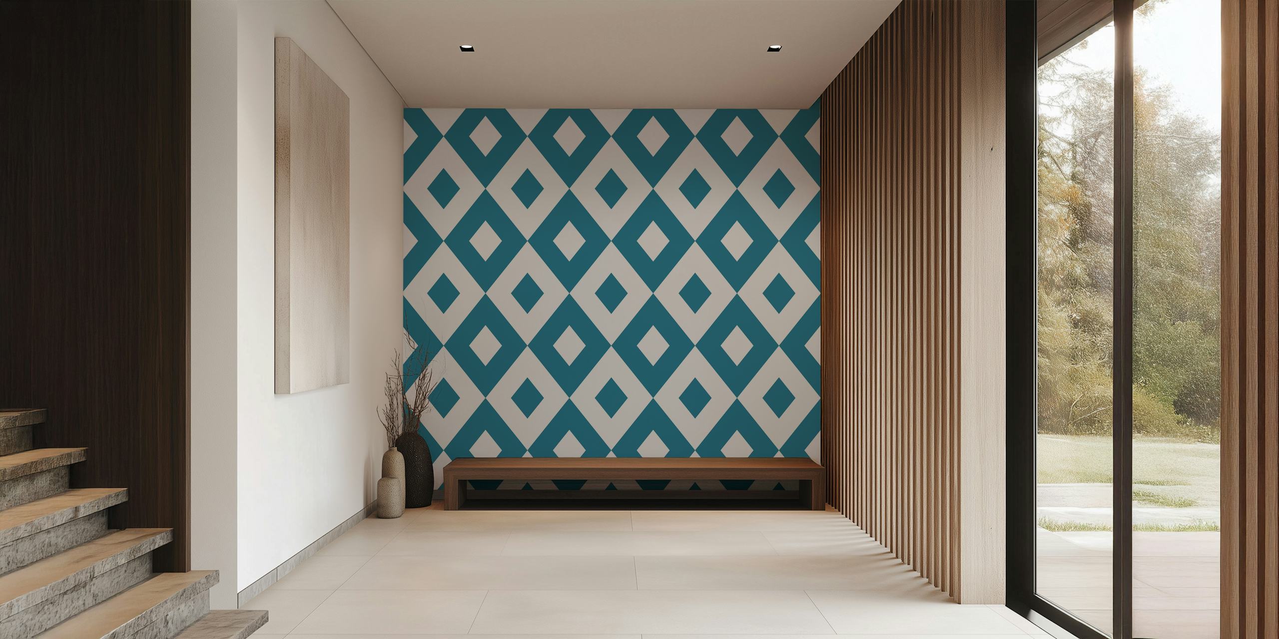 Retro 60s Rhombus Pattern in Teal and White wall mural