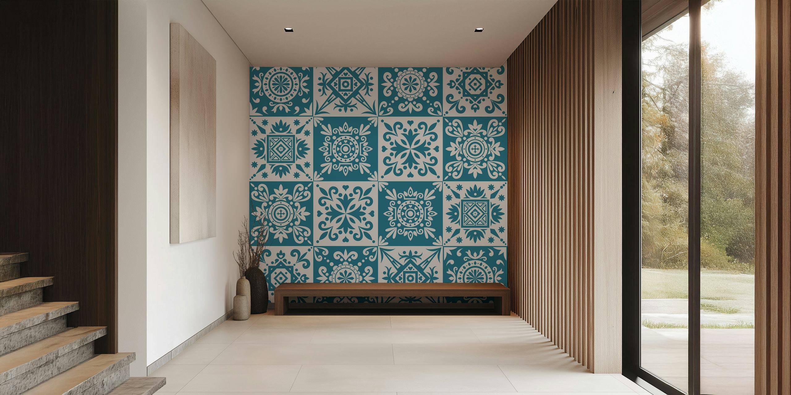 Alhambra-inspired white and teal geometric pattern wall mural