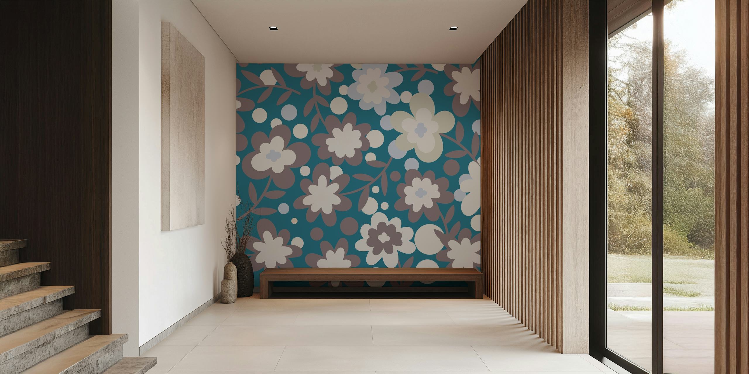 Floral pattern in teal, grey and white colors wallpaper