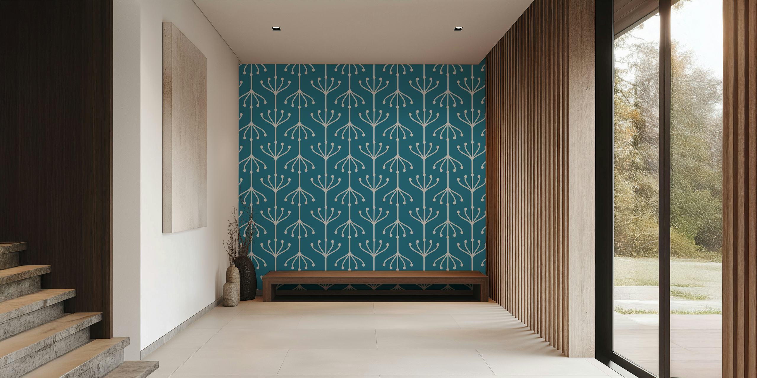 Teal background with white floral ornament pattern wallpaper