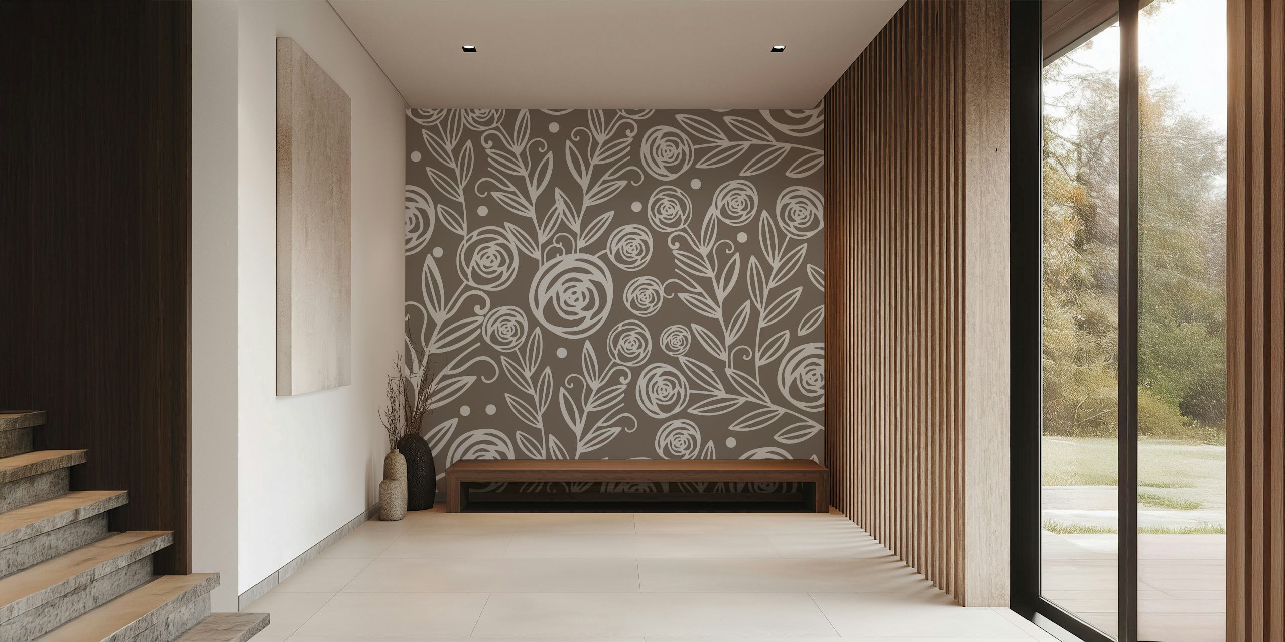 White floral design on taupe background wallpaper