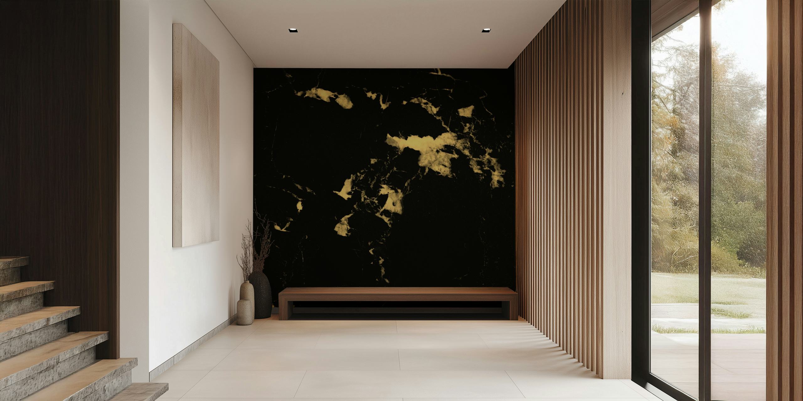 Carta da parati Black Marble 5 con venature bianche e dorate