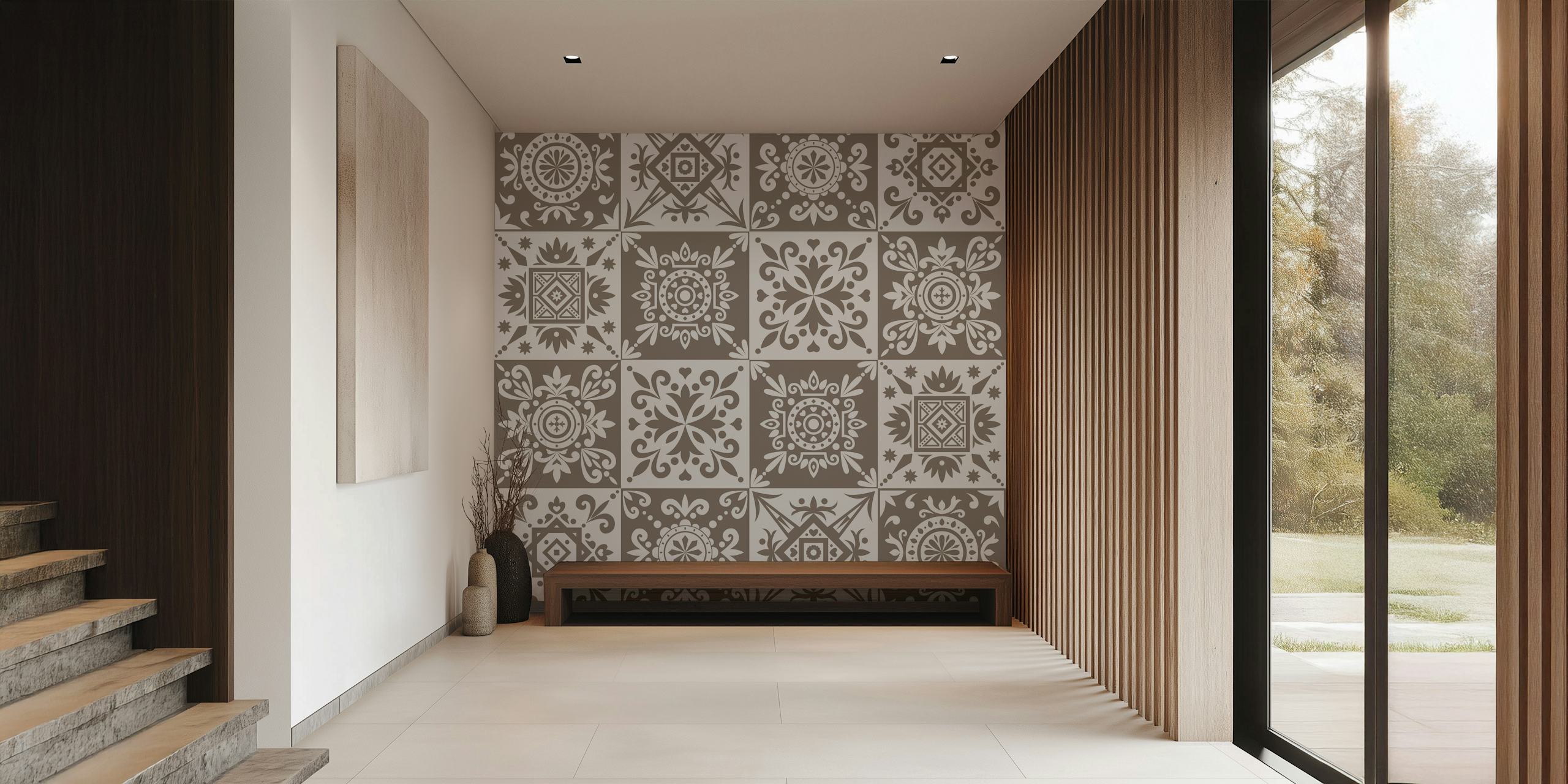 Alhambra Taupe White Mexican wallpaper in a room
