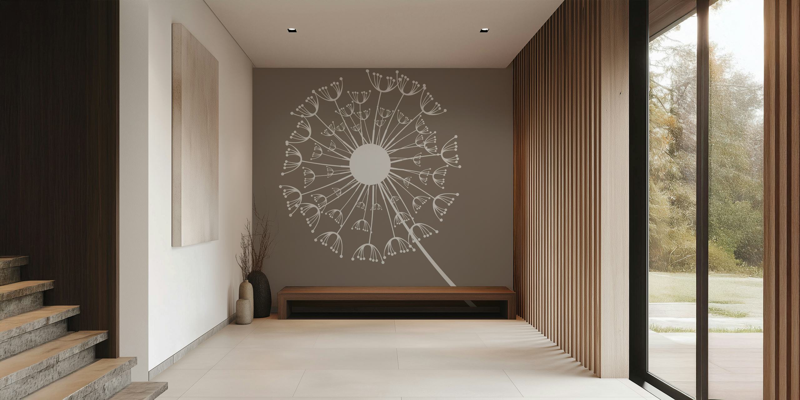 Dandelion flower illustration in white on taupe wallpaper