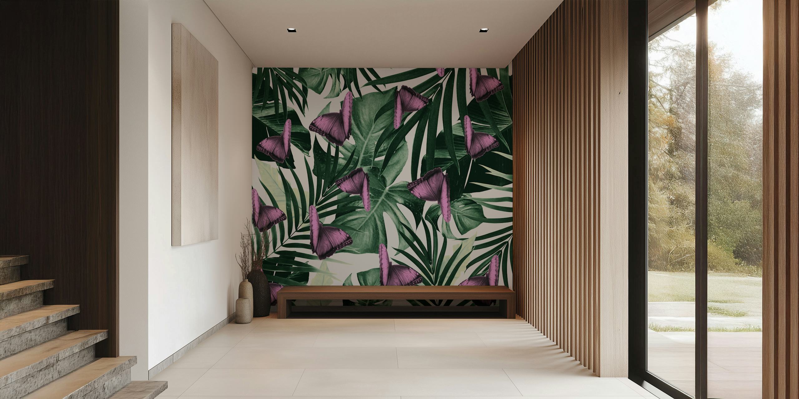 Tropical leaves and purple butterflies wall mural