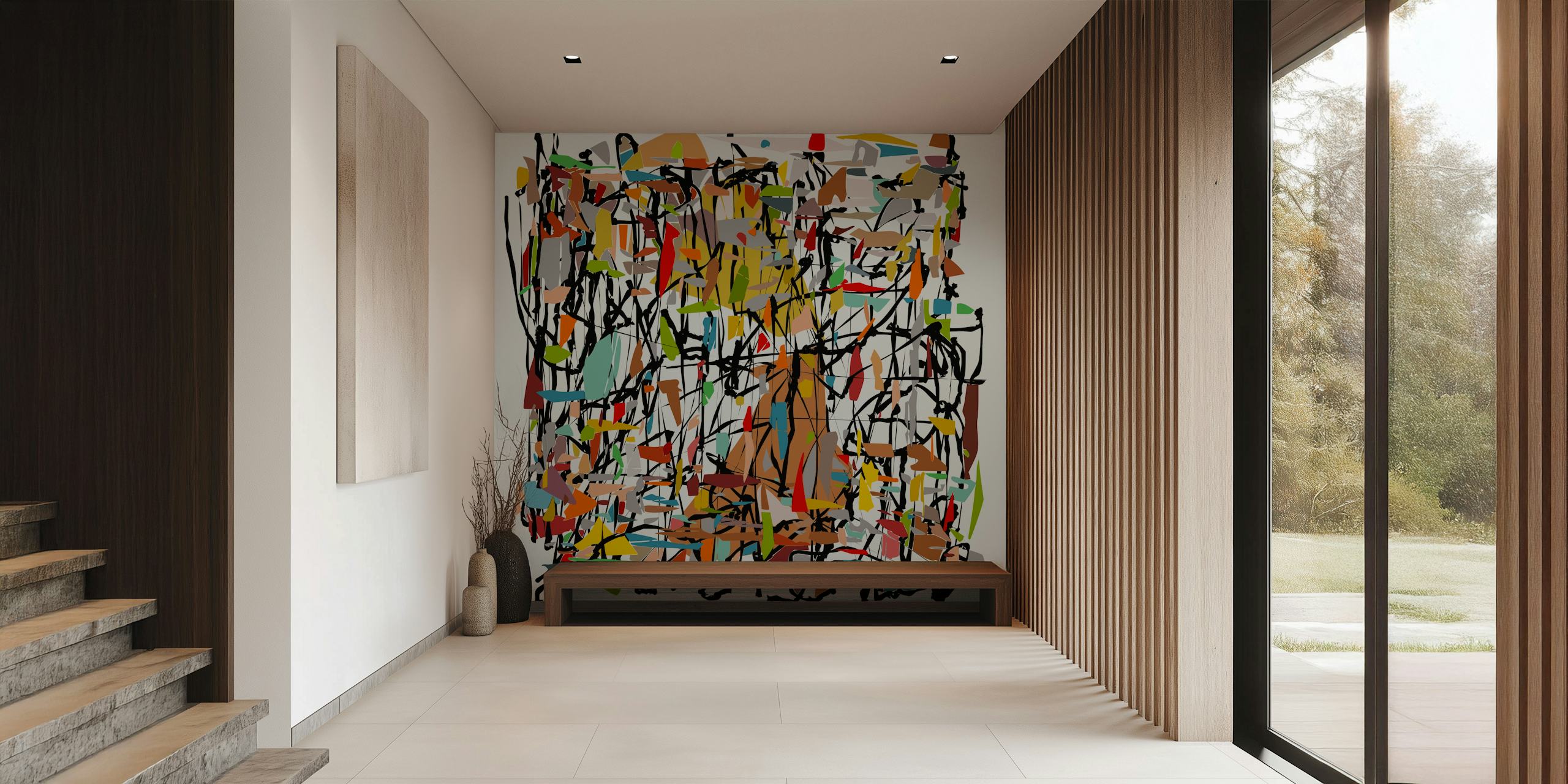 Colorful abstract patterns with black outlines and various colors wallpaper