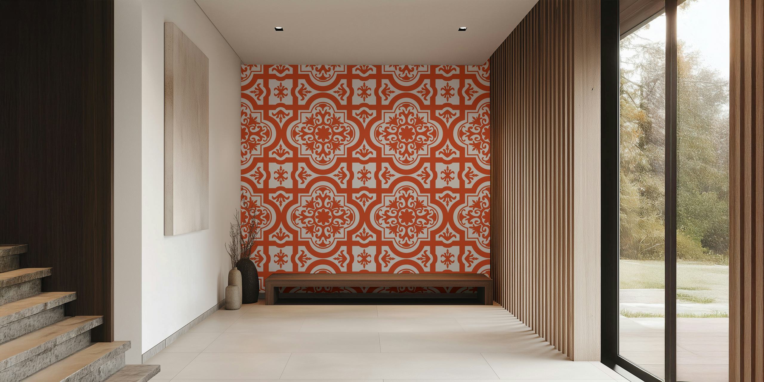 Rust orange ornamental geometric wallpaper pattern