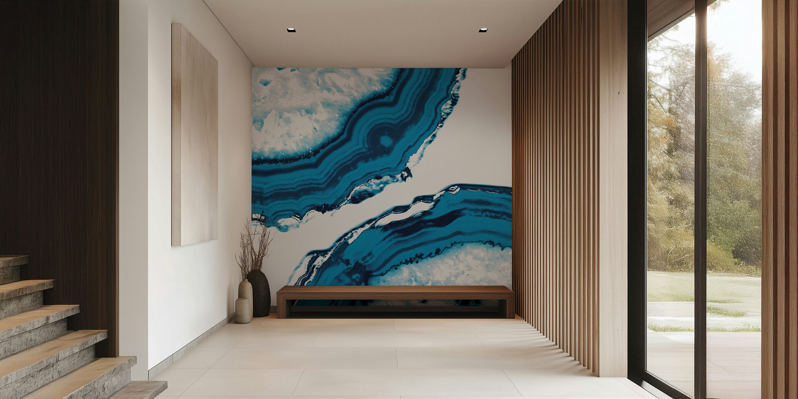 Blue agate slices with intricate line patterns and textures wallpaper