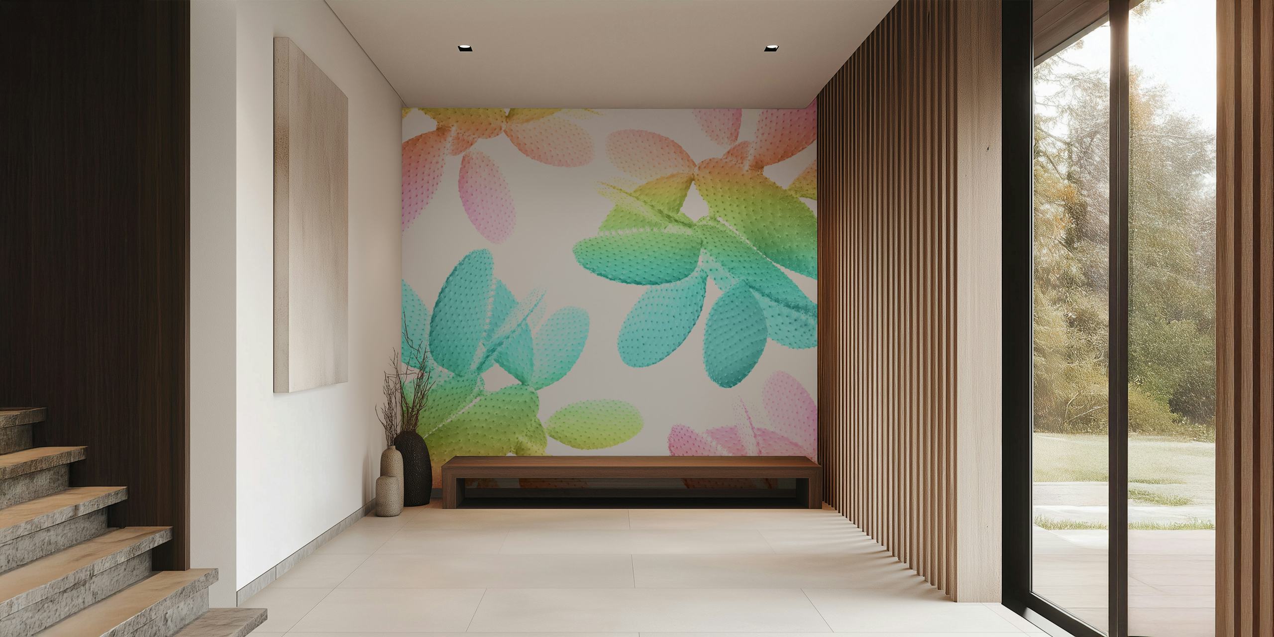 Colorful stylized cacti wall mural in pastel rainbow shades for home decor