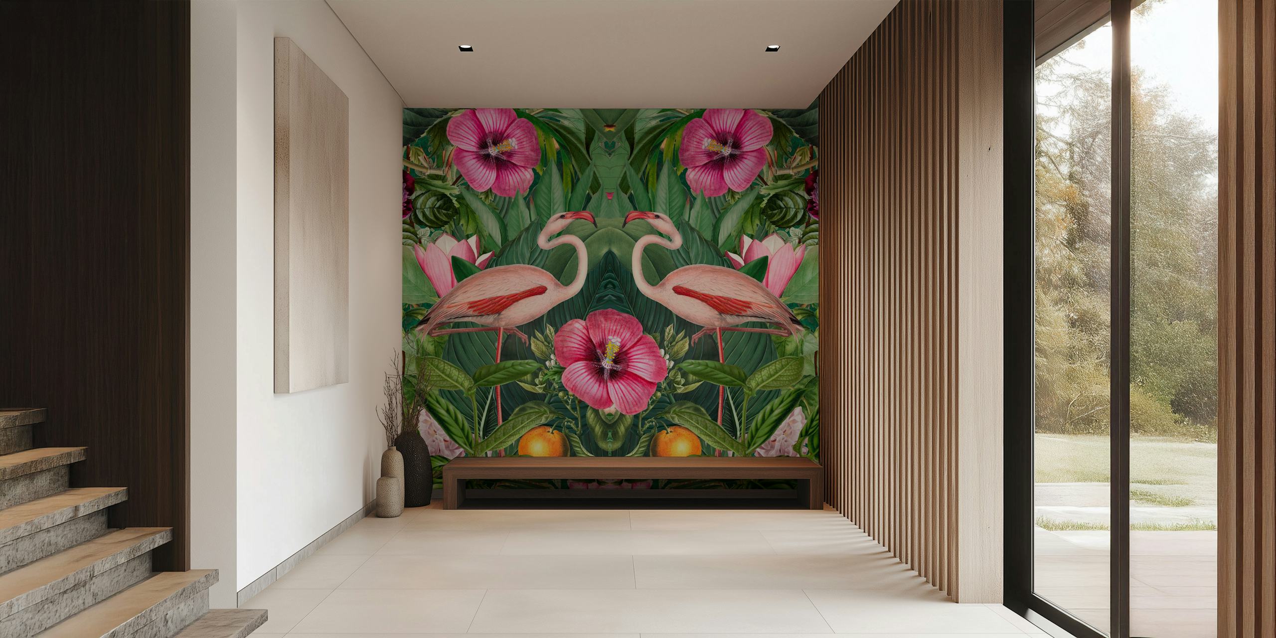 Flamingo Tropical Symmetry tapet i ett rum
