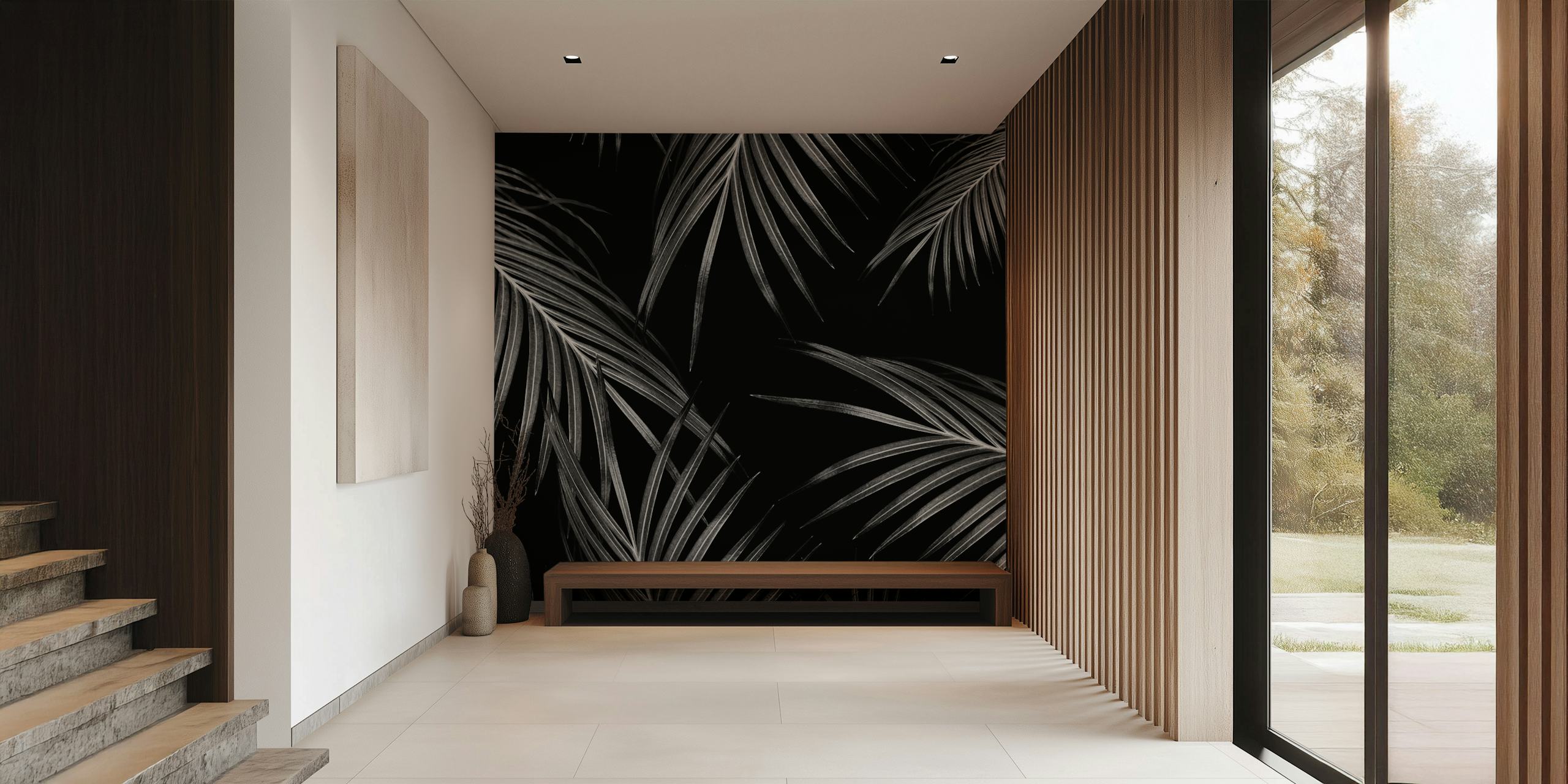 Black and silver palm leaves pattern wallpaper