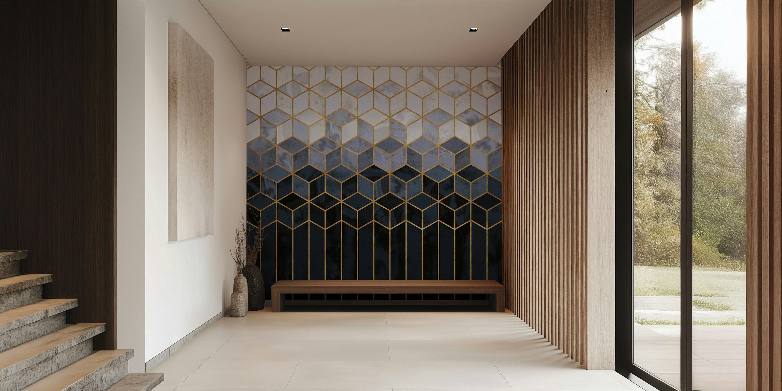 Dark Blue Gradient Cubes tapet i et rom