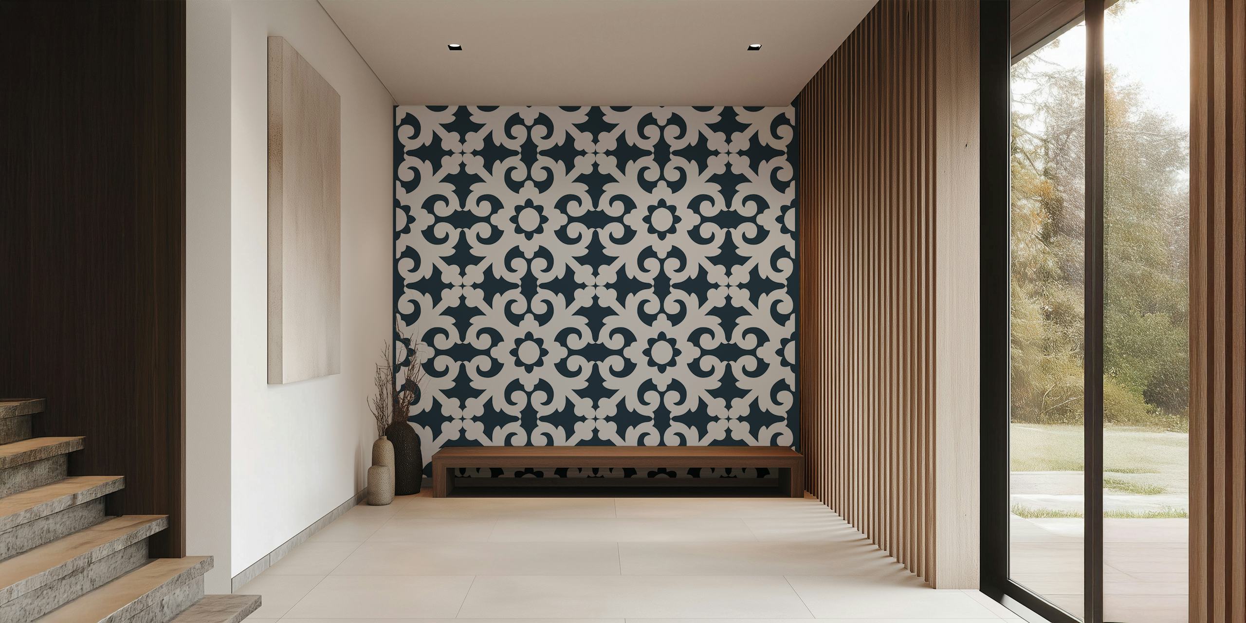 Ornamental black and white wallpaper with floral patterns