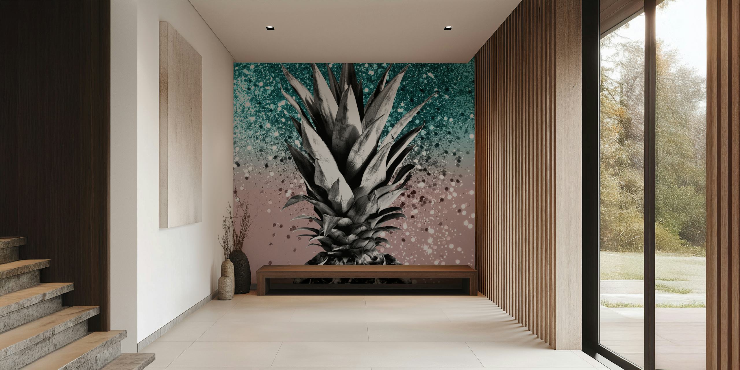 Stylizovaný ananas na třpytivé tyrkysové a třpytivé pozadí pro fototapetu