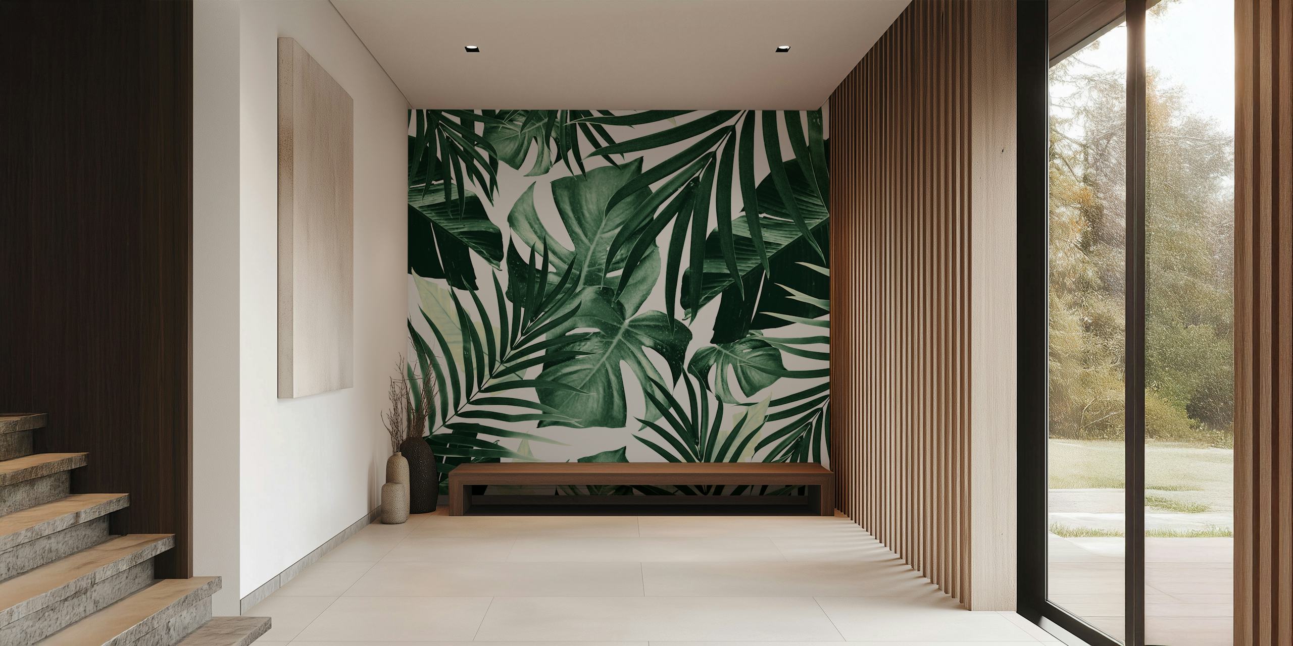 Tropical leaves in green shades on a white background wallpaper