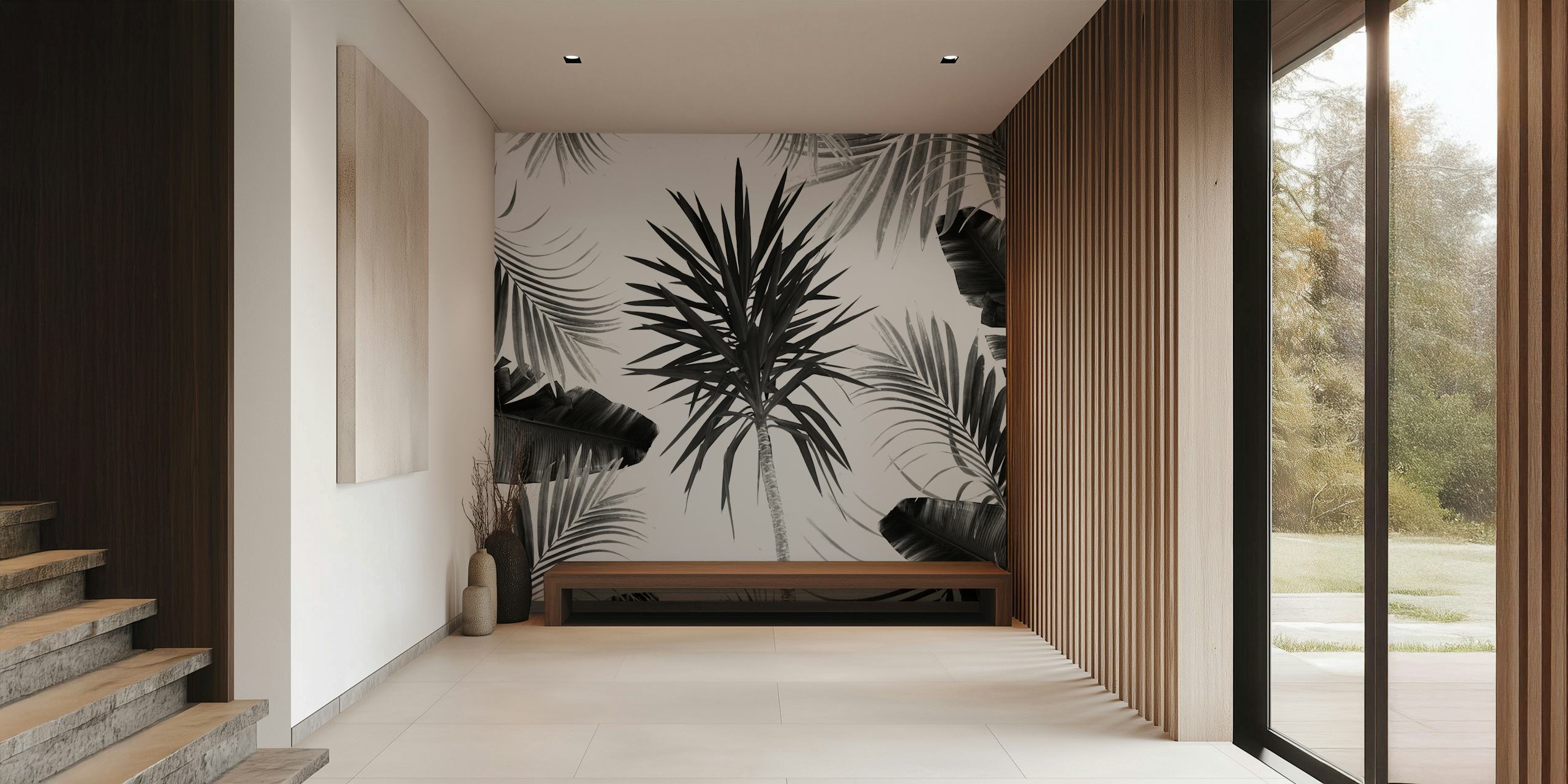 Black and white tropical leaves pattern wallpaper