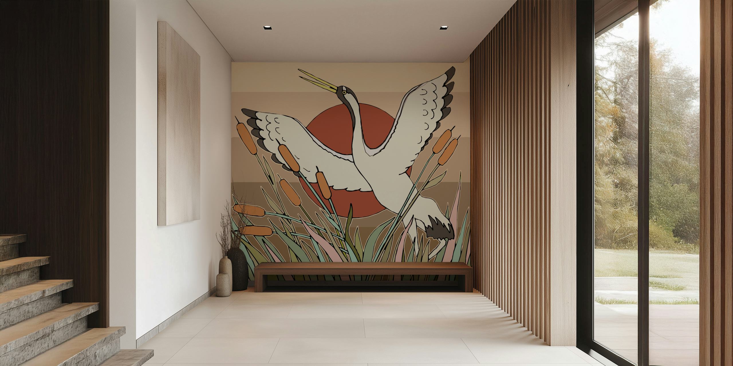 Japan Crane Bird wall mural with graceful crane in a serene Japanese setting