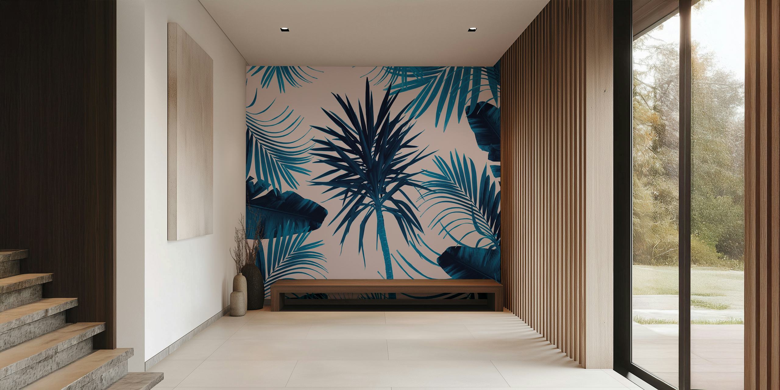 Tropical palm leaves in blue against a pink background wallpaper