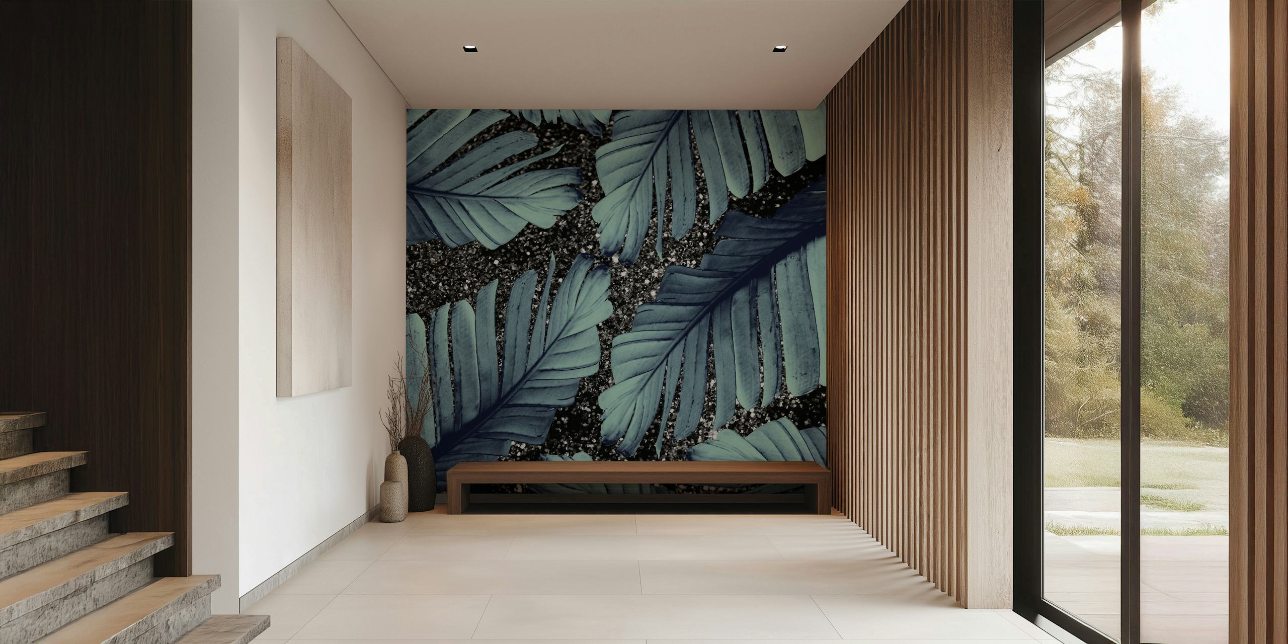Tropical banana leaves on black glitter background wallpaper